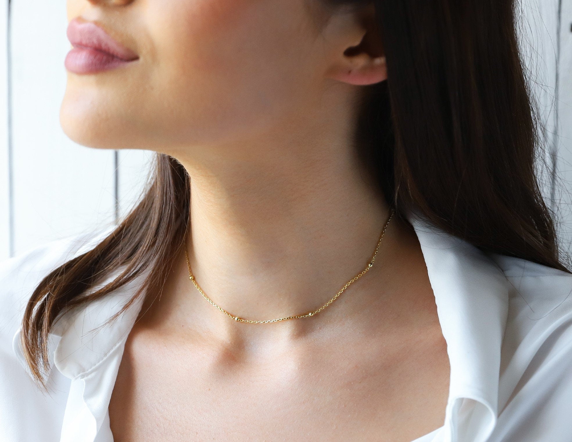 Gold Beaded Satellite Necklace, Sterling Silver Dainty Chain