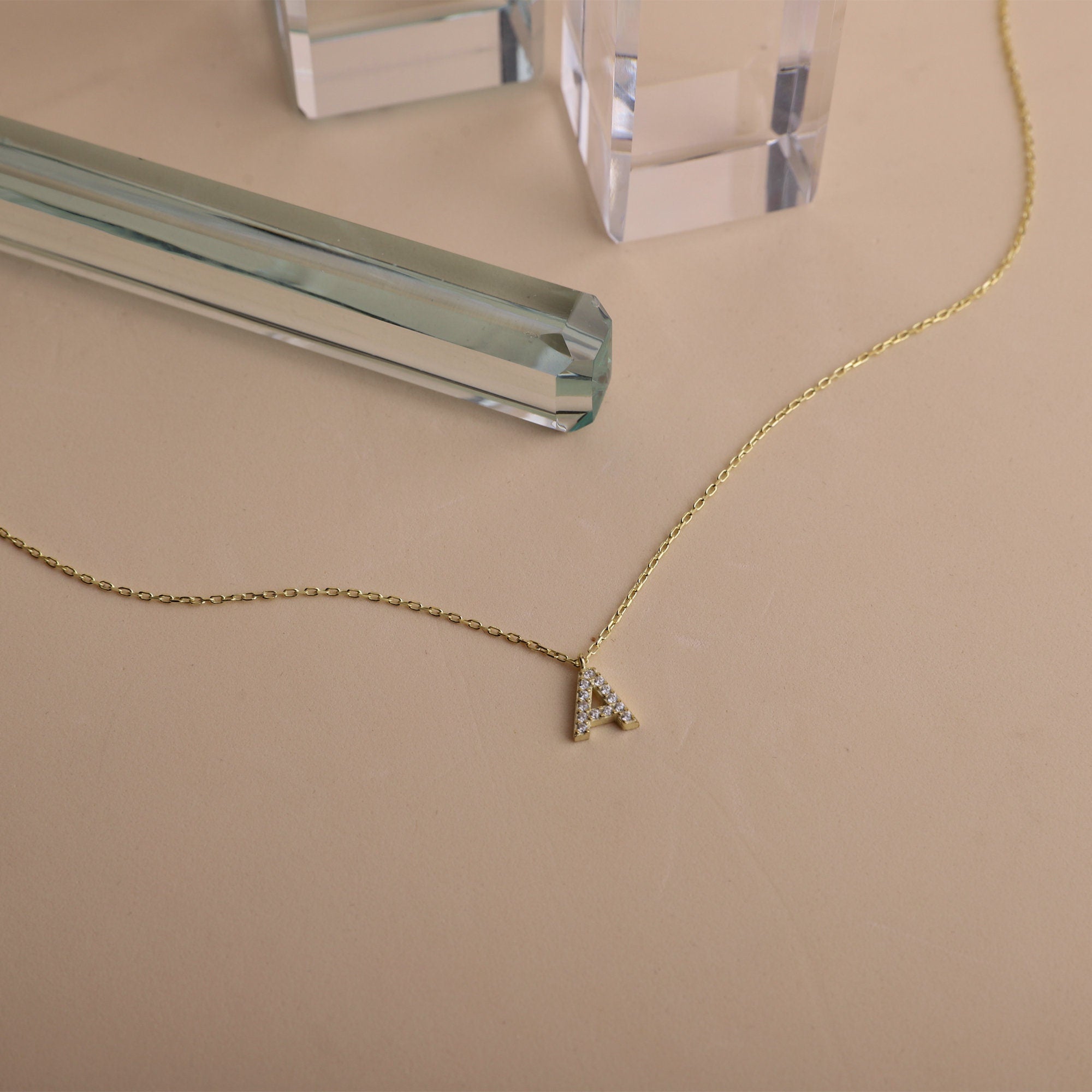 Initial Pendant Necklace, Dainty CZ Dangle, 925 Sterling Silver