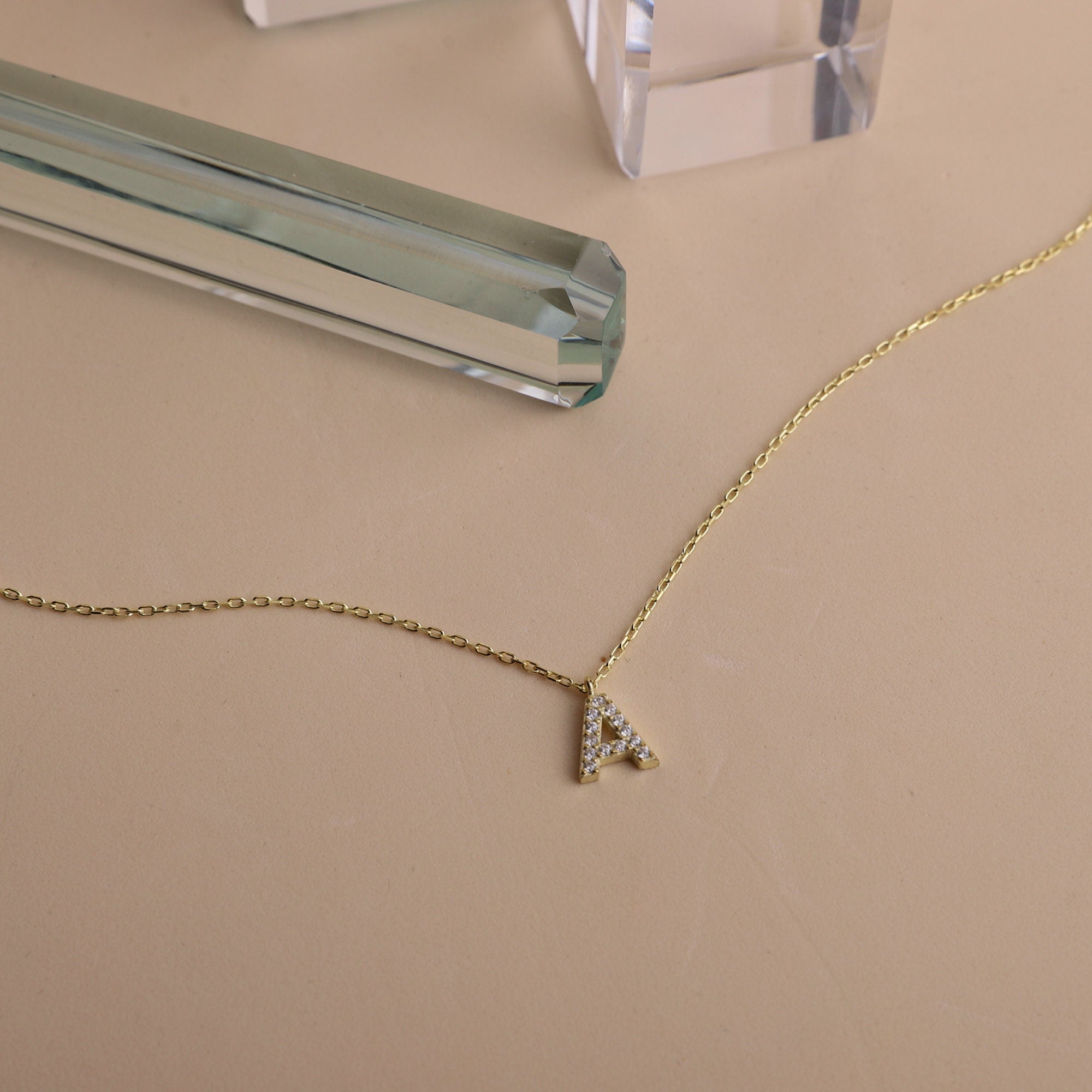 Initial Pendant Necklace, Dainty CZ Dangle, 925 Sterling Silver