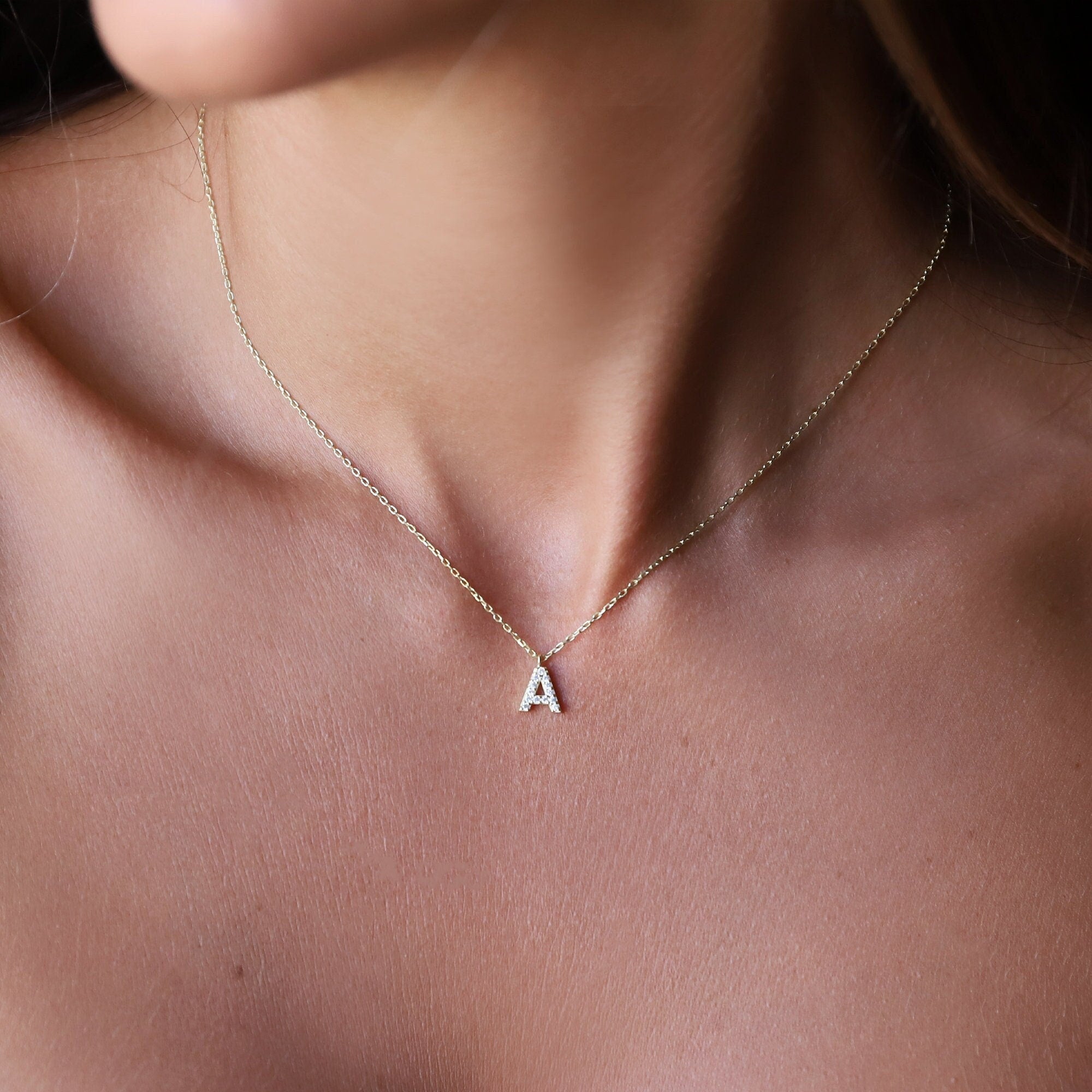 Initial Pendant Necklace, Dainty CZ Dangle, 925 Sterling Silver