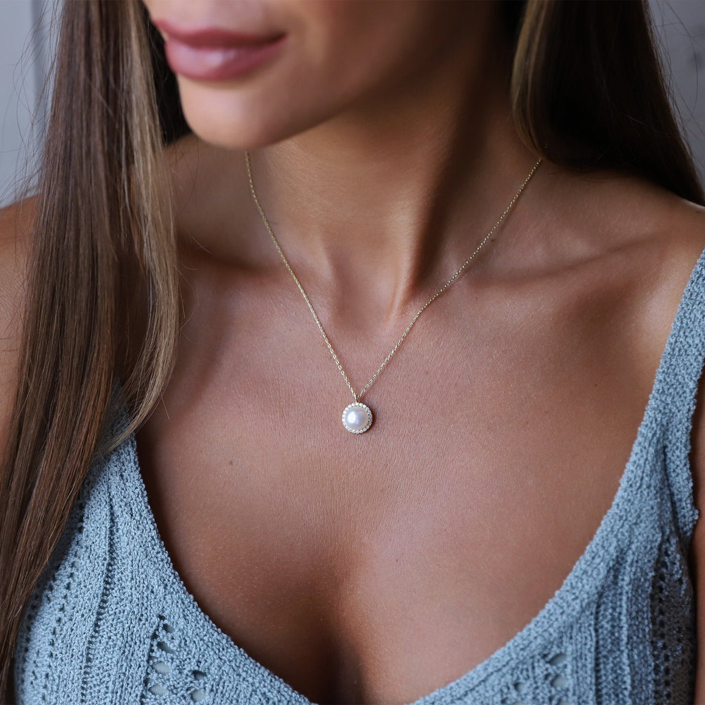 Dainty Pearl Necklace, Sterling Silver Freshwater Pearl CZ