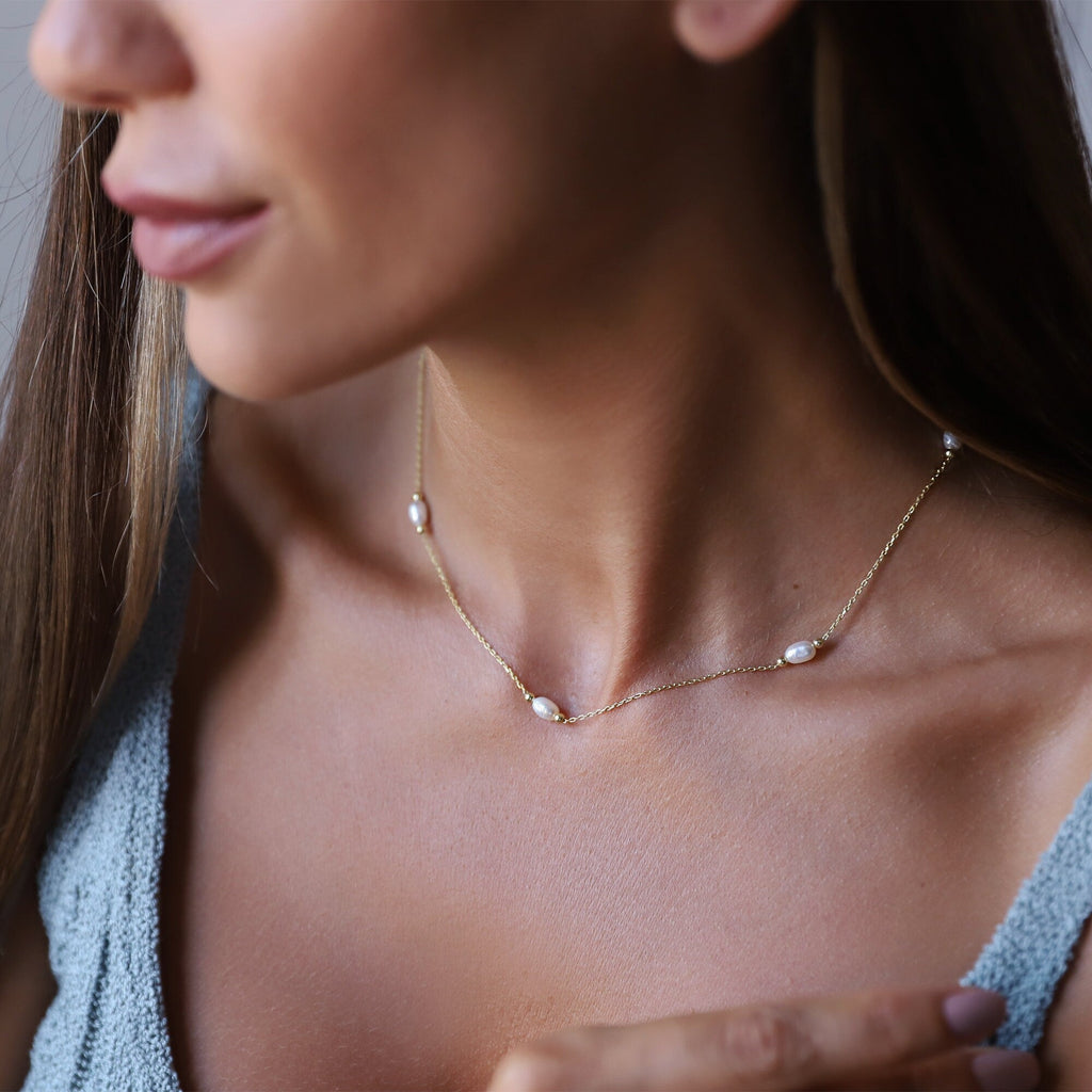 Gold Pearl Choker Necklace, Sterling Silver Vintage Style