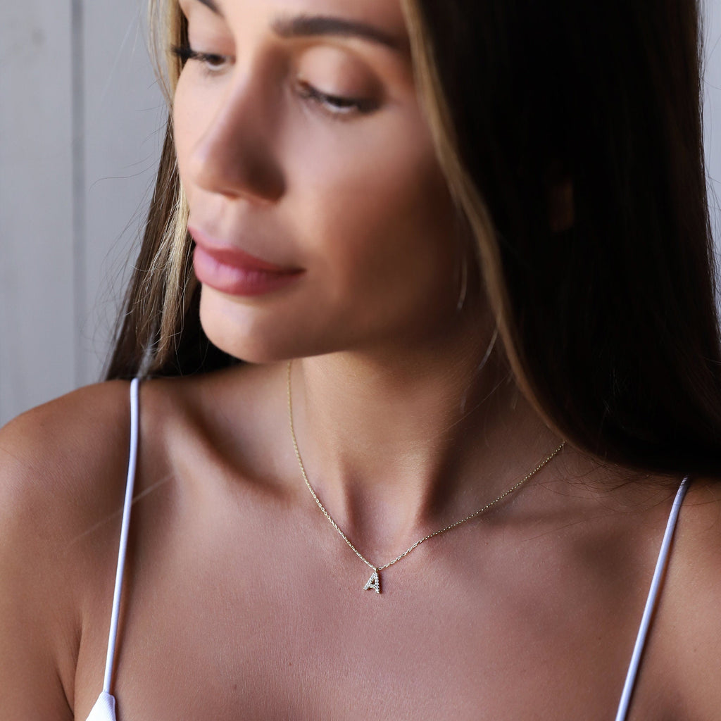 Initial Pendant Necklace, Dainty CZ Dangle, 925 Sterling Silver