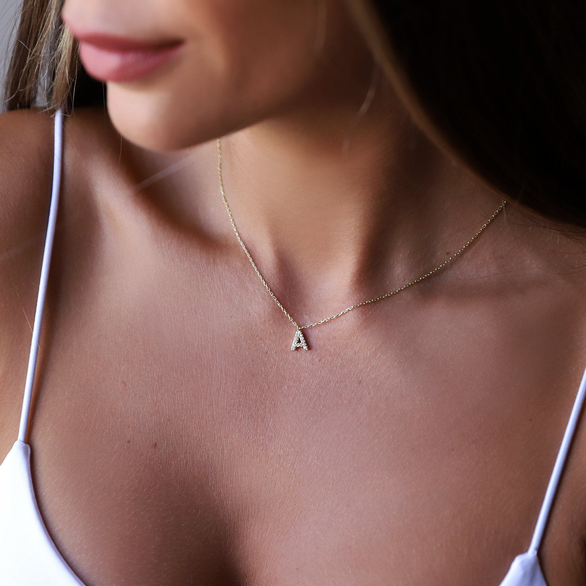 Initial Pendant Necklace, Dainty CZ Dangle, 925 Sterling Silver