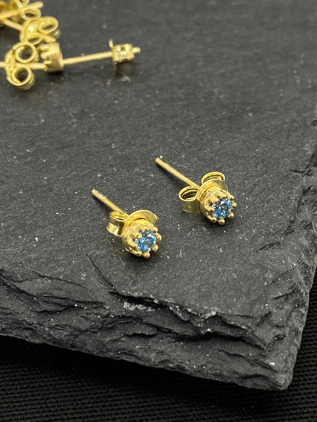 Birthstone Stud Earrings, 925 Sterling Silver, Blue Topaz & Opal