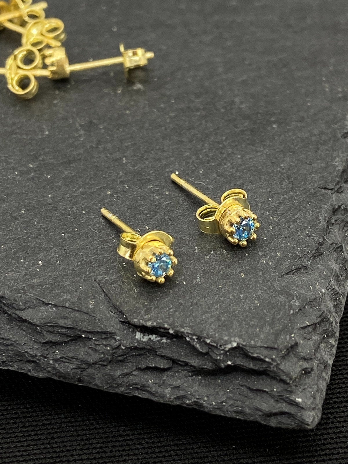Birthstone Stud Earrings, 925 Sterling Silver, Blue Topaz & Opal
