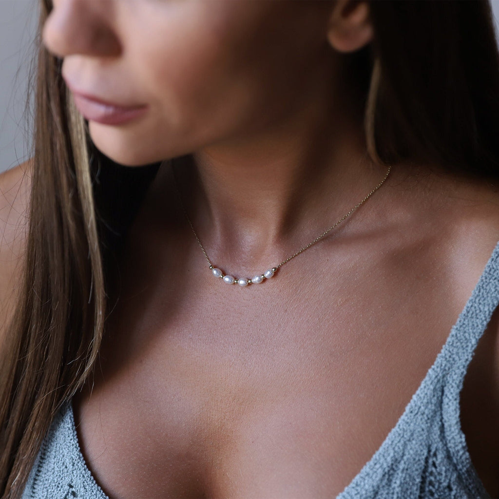 Freshwater Pearl Necklace, Dainty Oval Beads In Sterling Silver