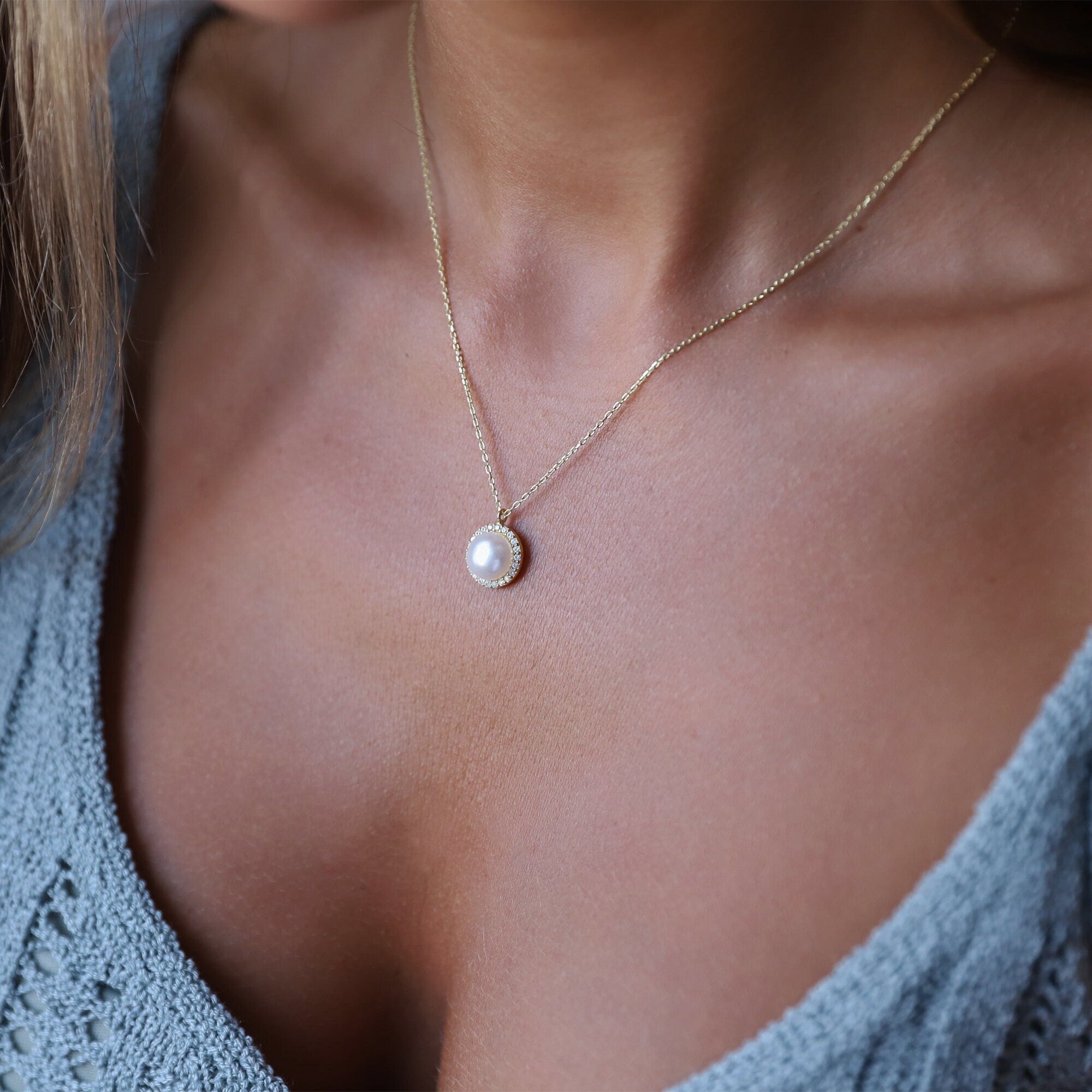 Dainty Pearl Necklace, Sterling Silver Freshwater Pearl CZ