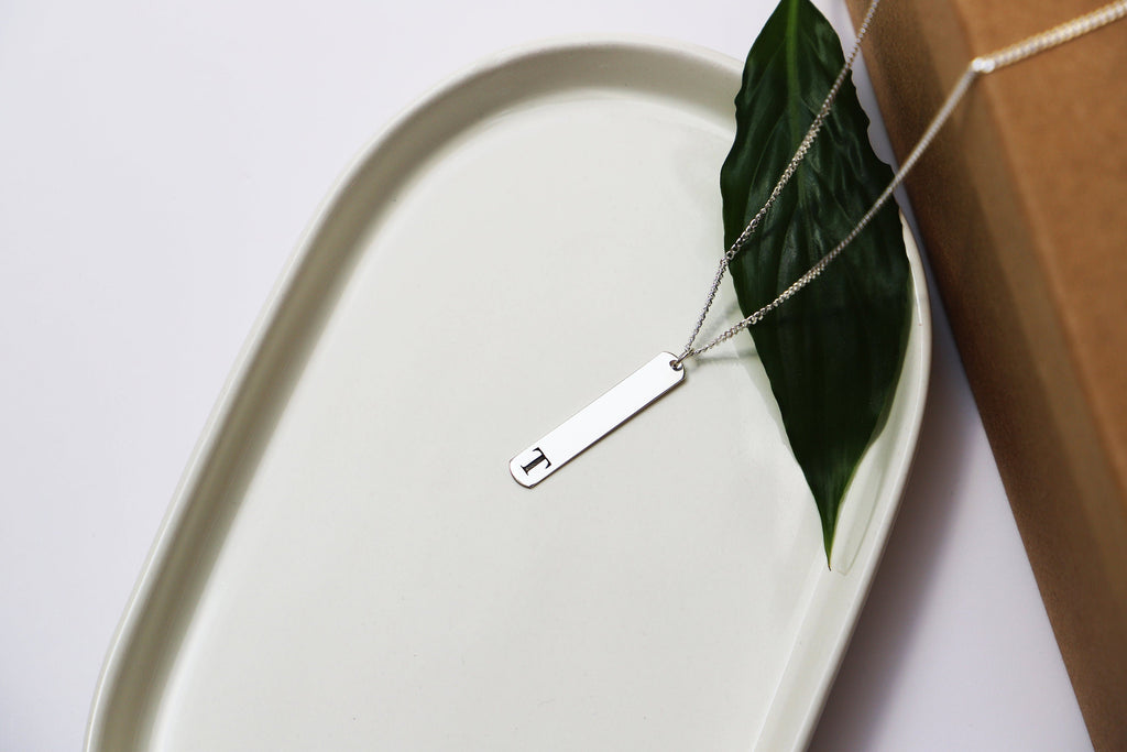 Custom Initial Bar Necklace, Sterling Silver Curb Chain For Her