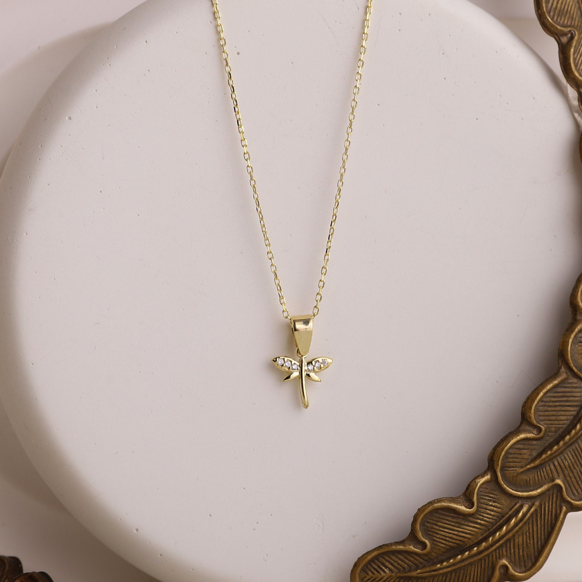 Dragonfly Necklace, 925 Sterling Silver Dainty CZ Pendant Charm
