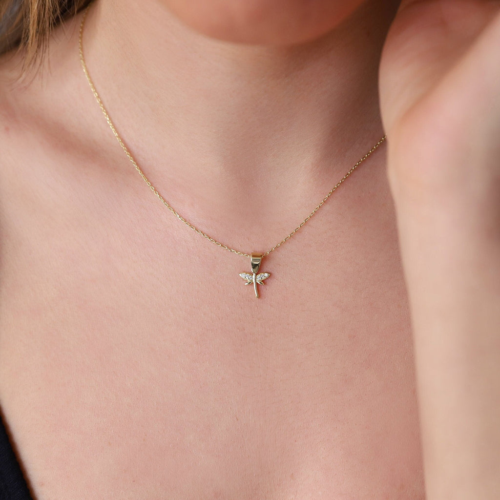Dragonfly Necklace, 925 Sterling Silver Dainty CZ Pendant Charm