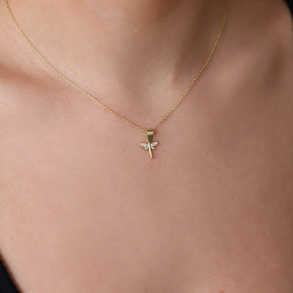Dragonfly Necklace, 925 Sterling Silver Dainty CZ Pendant Charm