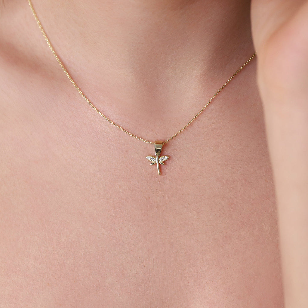 Dragonfly Necklace, 925 Sterling Silver Dainty CZ Pendant Charm
