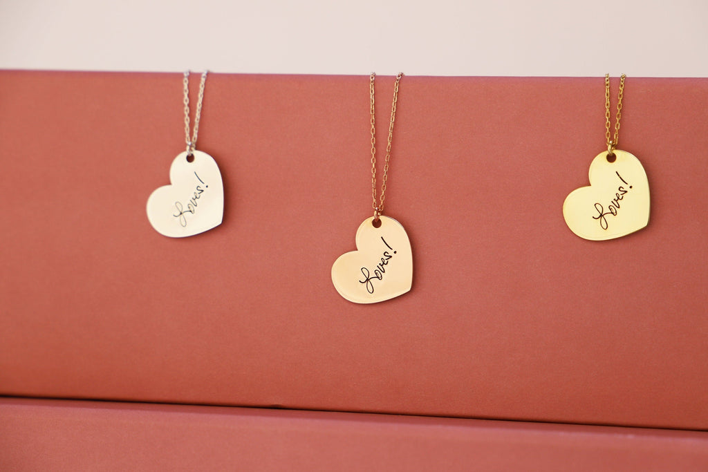 Handwriting Necklace, Sterling Silver Engraved Heart Pendant
