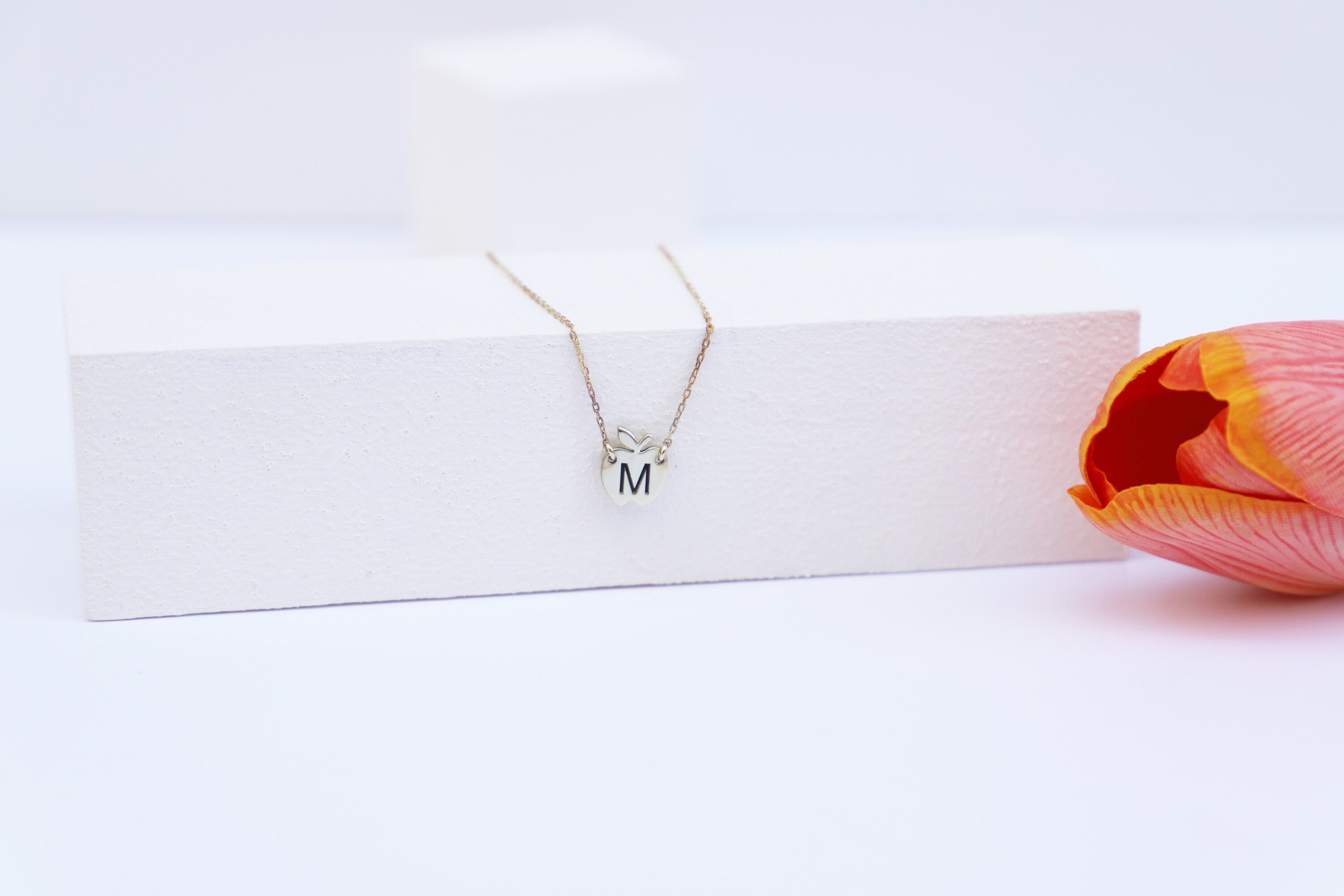 Personalized Initial Necklace, 925 Sterling Silver Apple Pendant