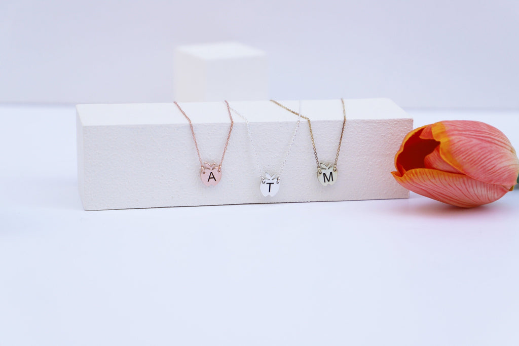 Personalized Initial Necklace, 925 Sterling Silver Apple Pendant