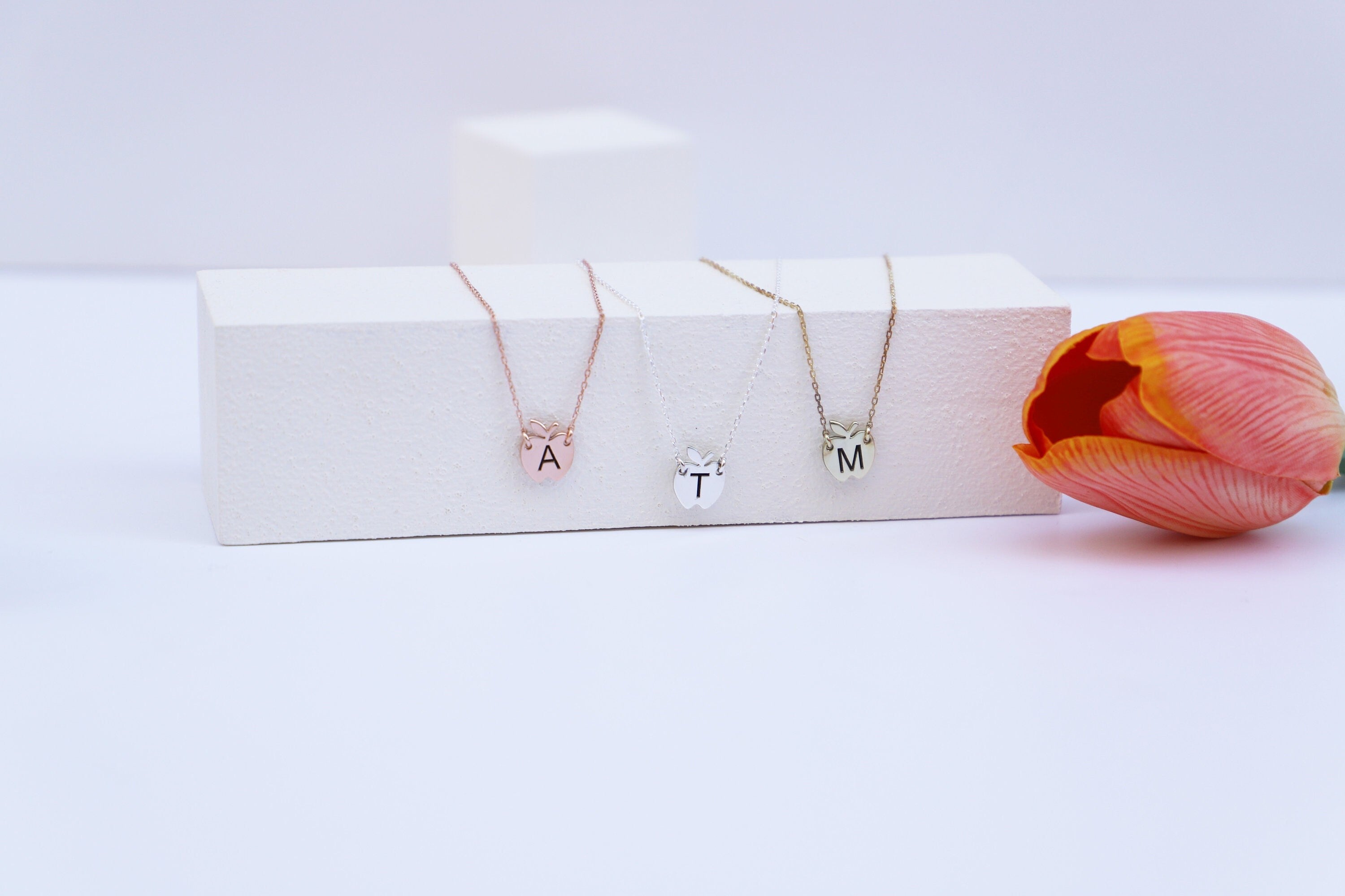 Personalized Initial Necklace, 925 Sterling Silver Apple Pendant