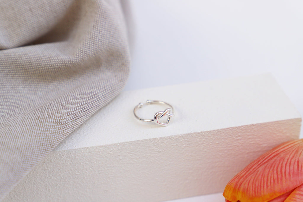 Adjustable Heart Knot Ring, Sterling Silver Love Symbol Ring