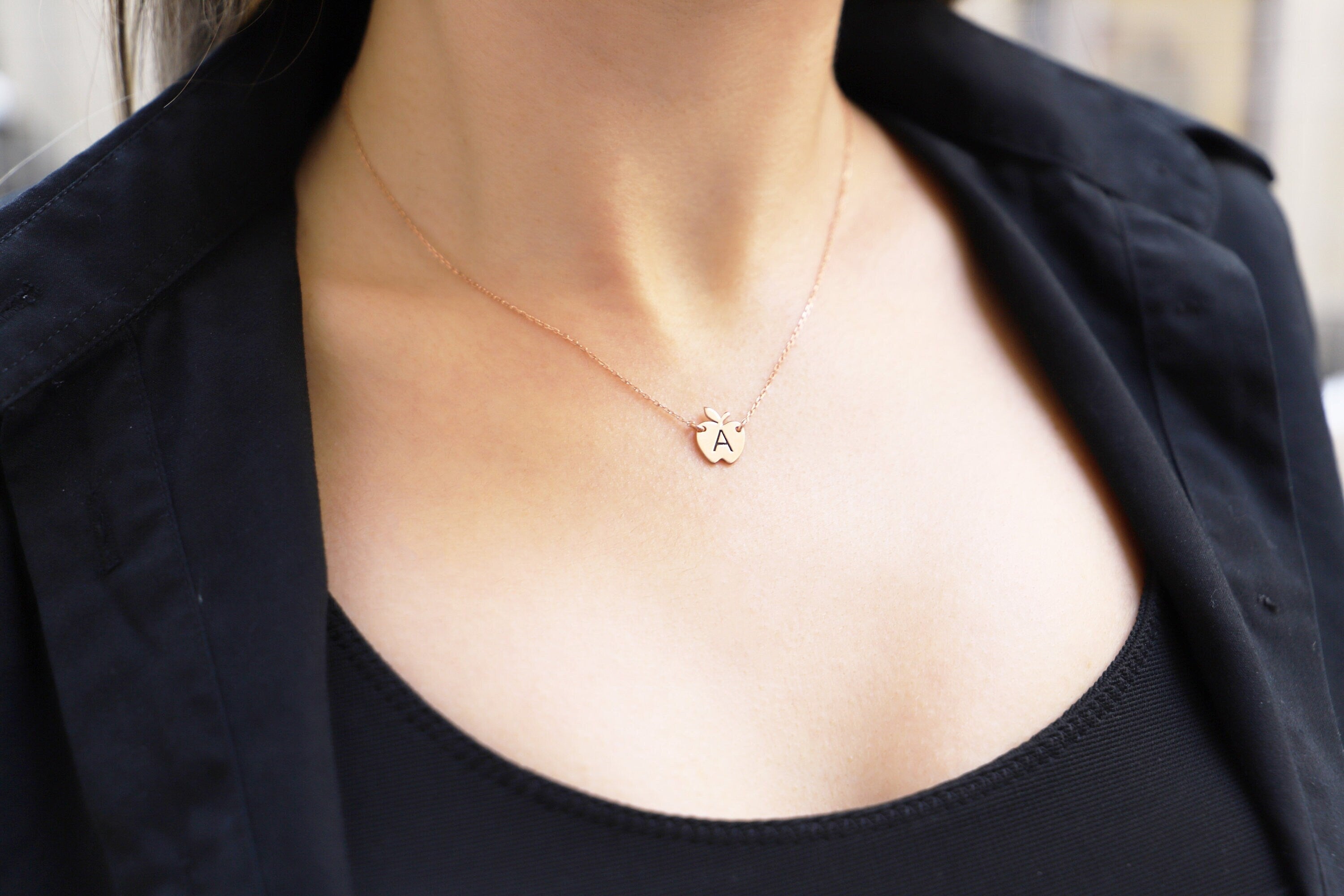 Personalized Initial Necklace, 925 Sterling Silver Apple Pendant