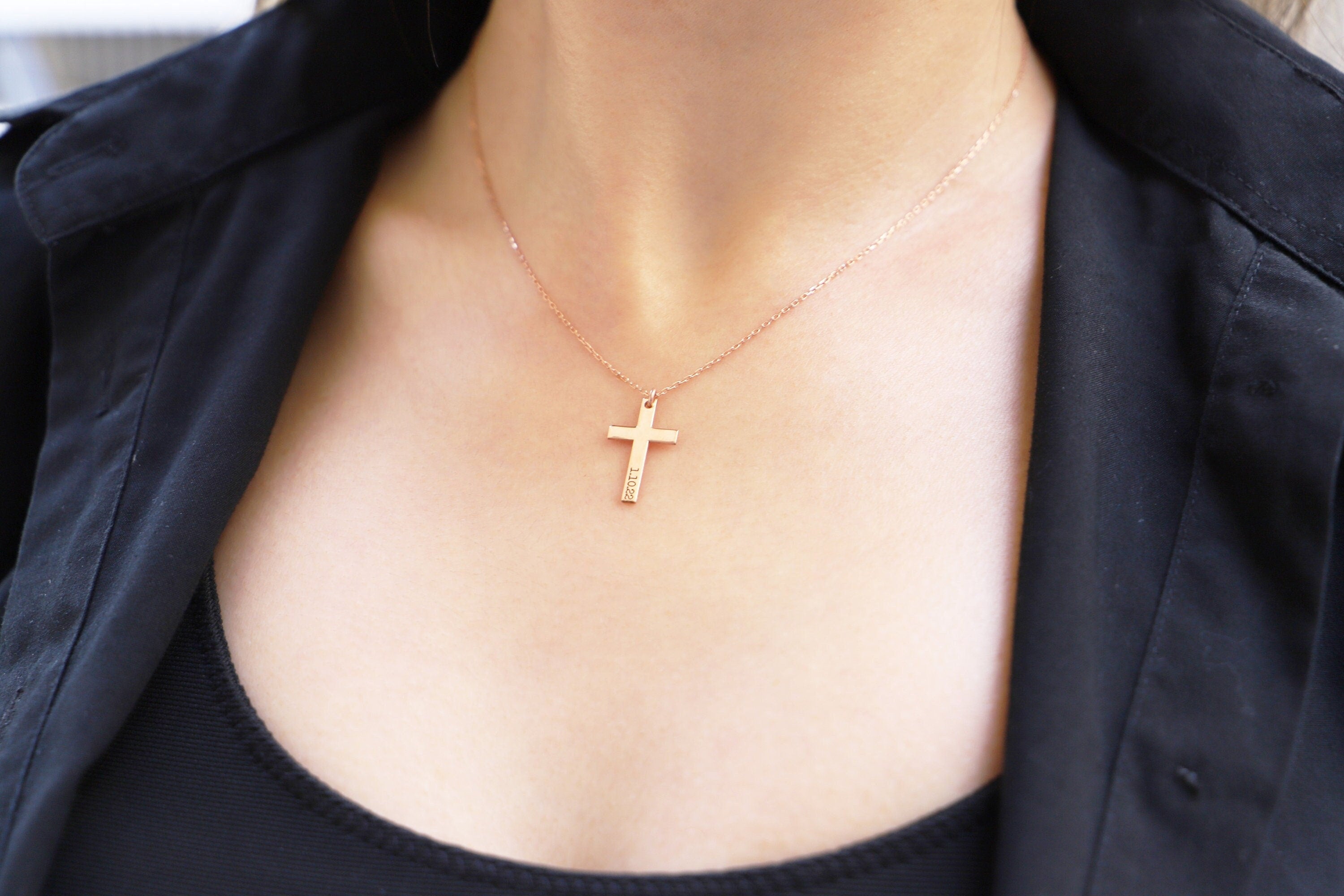 Custom Gold Cross Necklace, Sterling Silver Dainty Cross Pendant