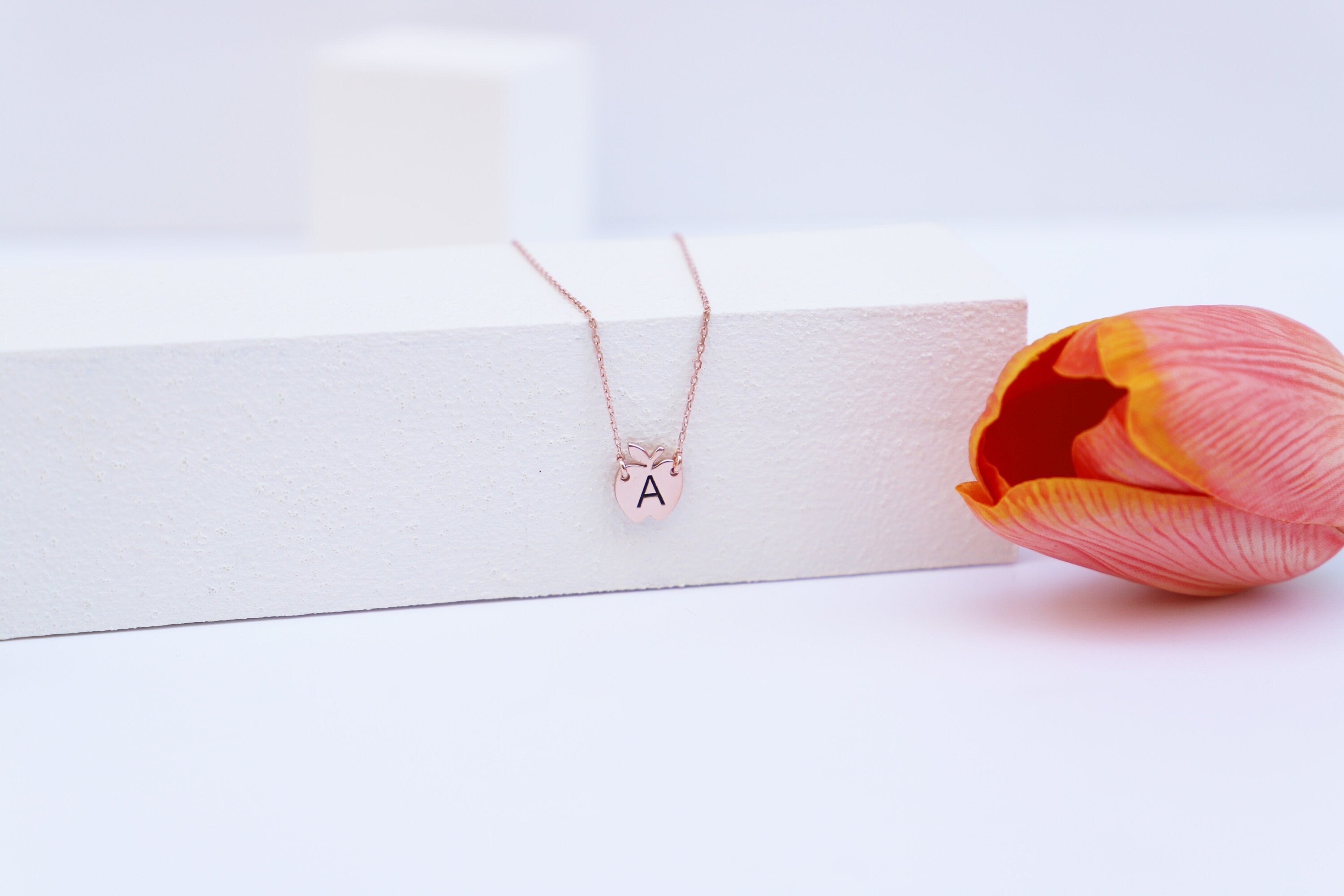 Personalized Initial Necklace, 925 Sterling Silver Apple Pendant