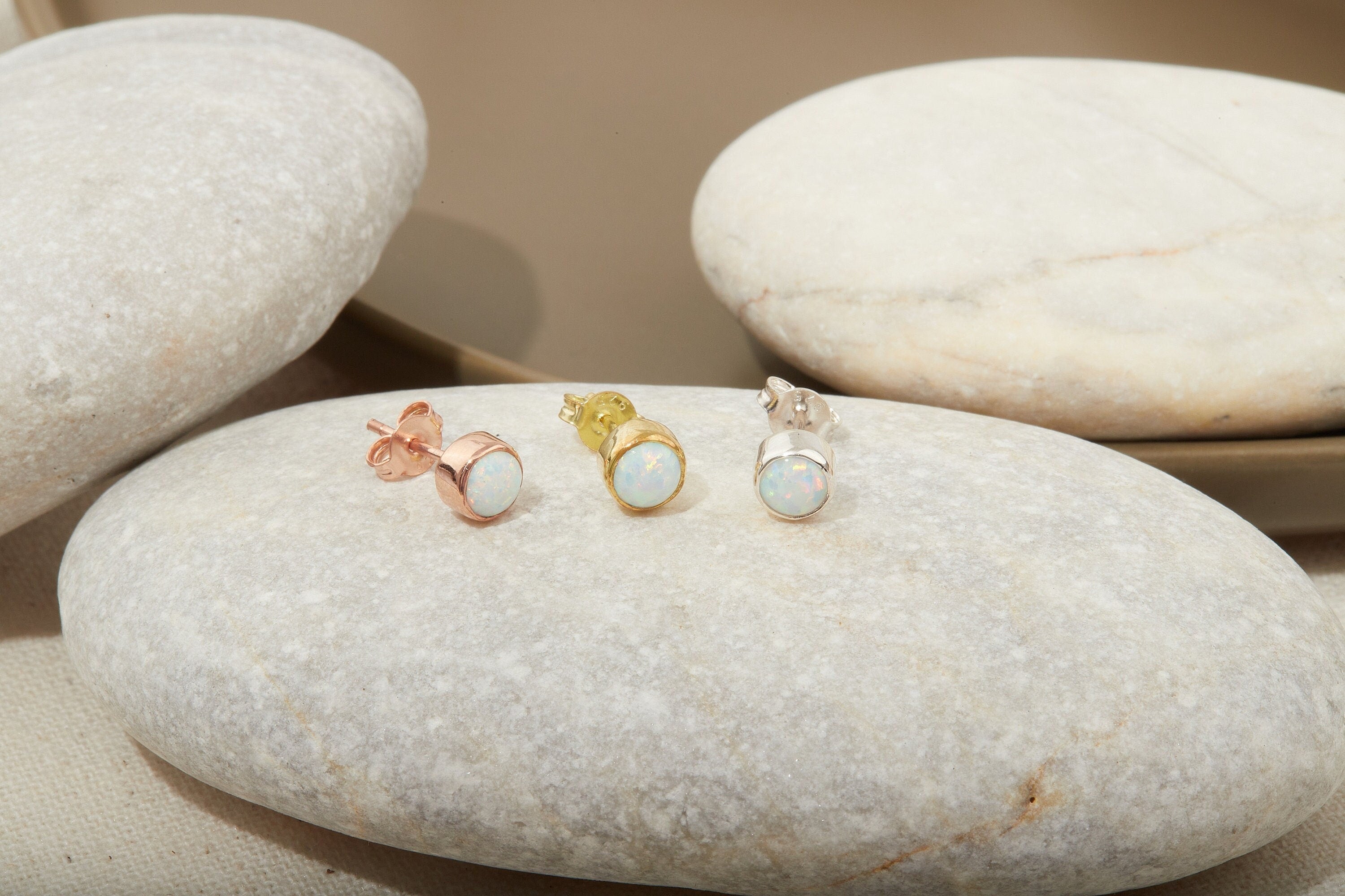 Opal Stud Earrings, 925 Sterling Silver White Opal Stud Earrings