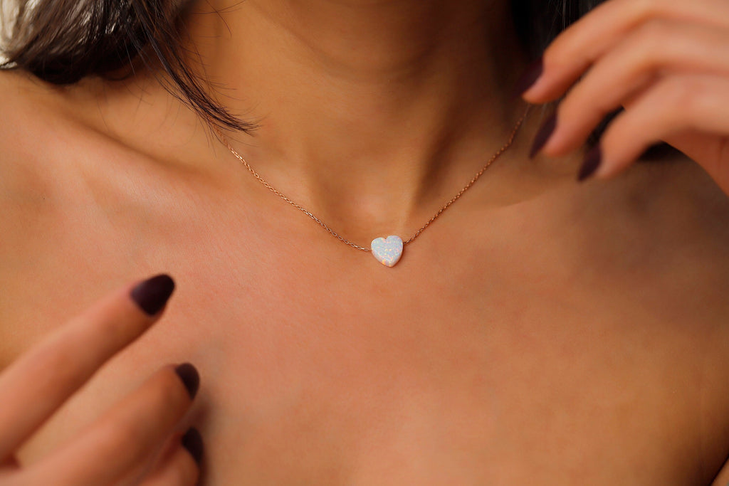 Heart Opal Necklace, 925 Sterling Silver White Opal Pendant
