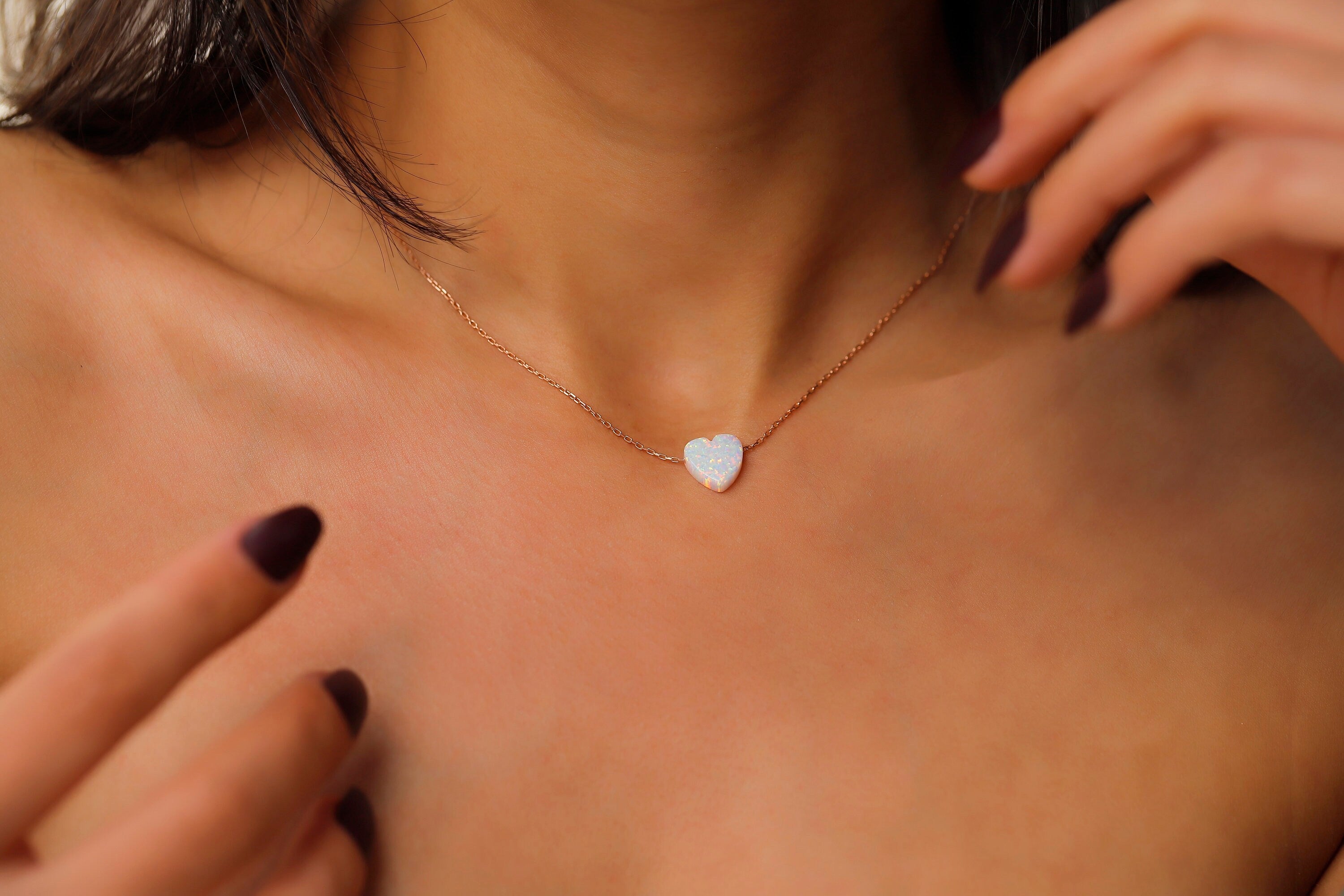 Heart Opal Necklace, 925 Sterling Silver White Opal Pendant