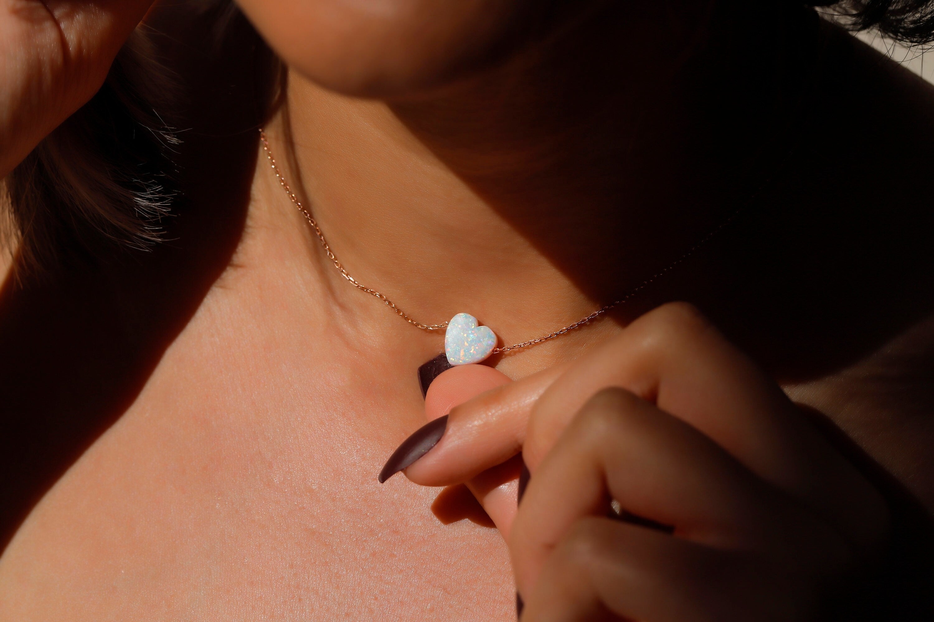 Heart Opal Necklace, 925 Sterling Silver White Opal Pendant