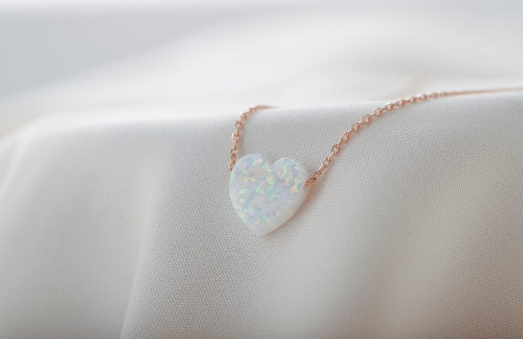 Heart Opal Necklace, 925 Sterling Silver White Opal Pendant