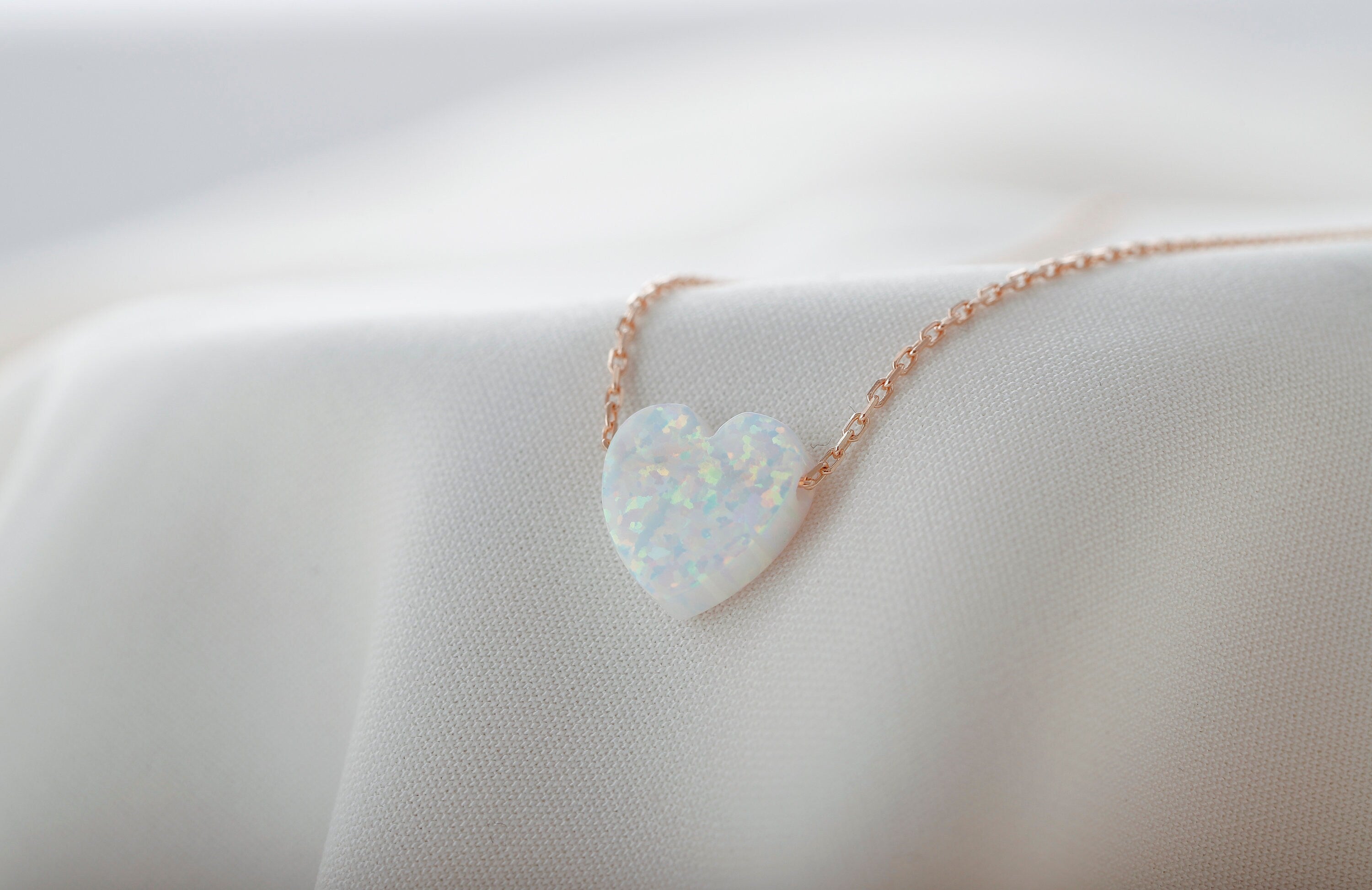 Heart Opal Necklace, 925 Sterling Silver White Opal Pendant