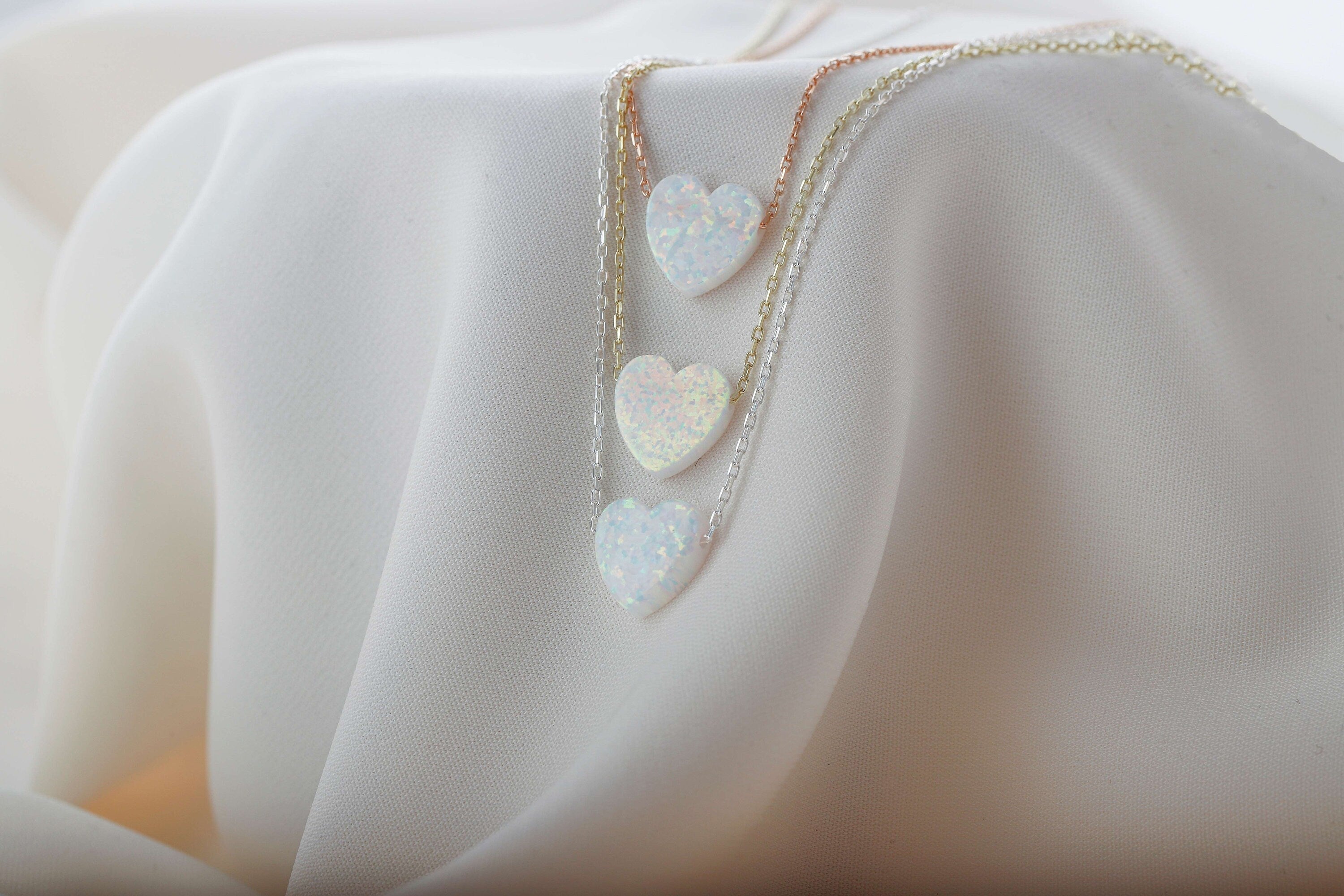 Heart Opal Necklace, 925 Sterling Silver White Opal Pendant