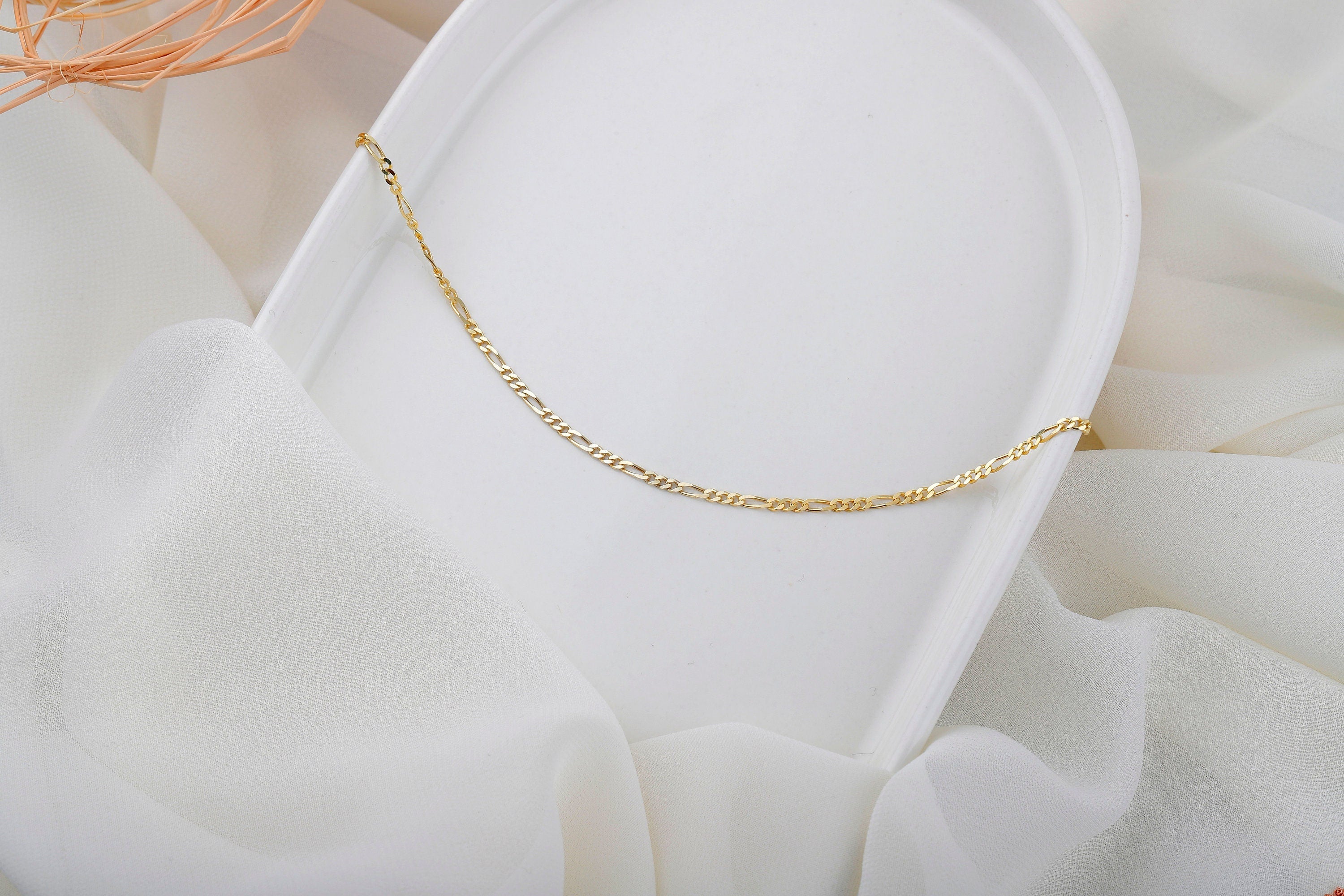 Figaro Chain Necklace, 925 Sterling Silver, 14K Gold Finish