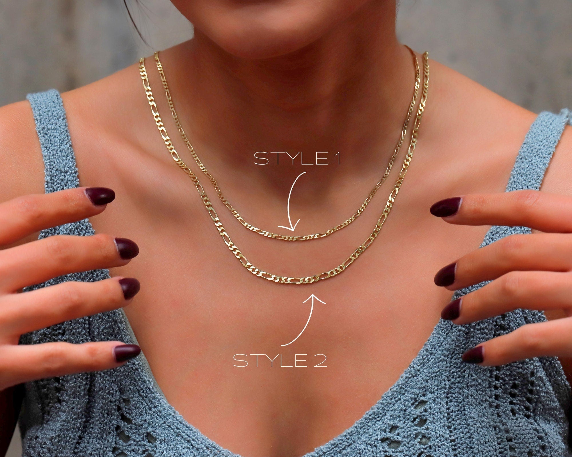 Figaro Chain Necklace, 925 Sterling Silver, 14K Gold Finish