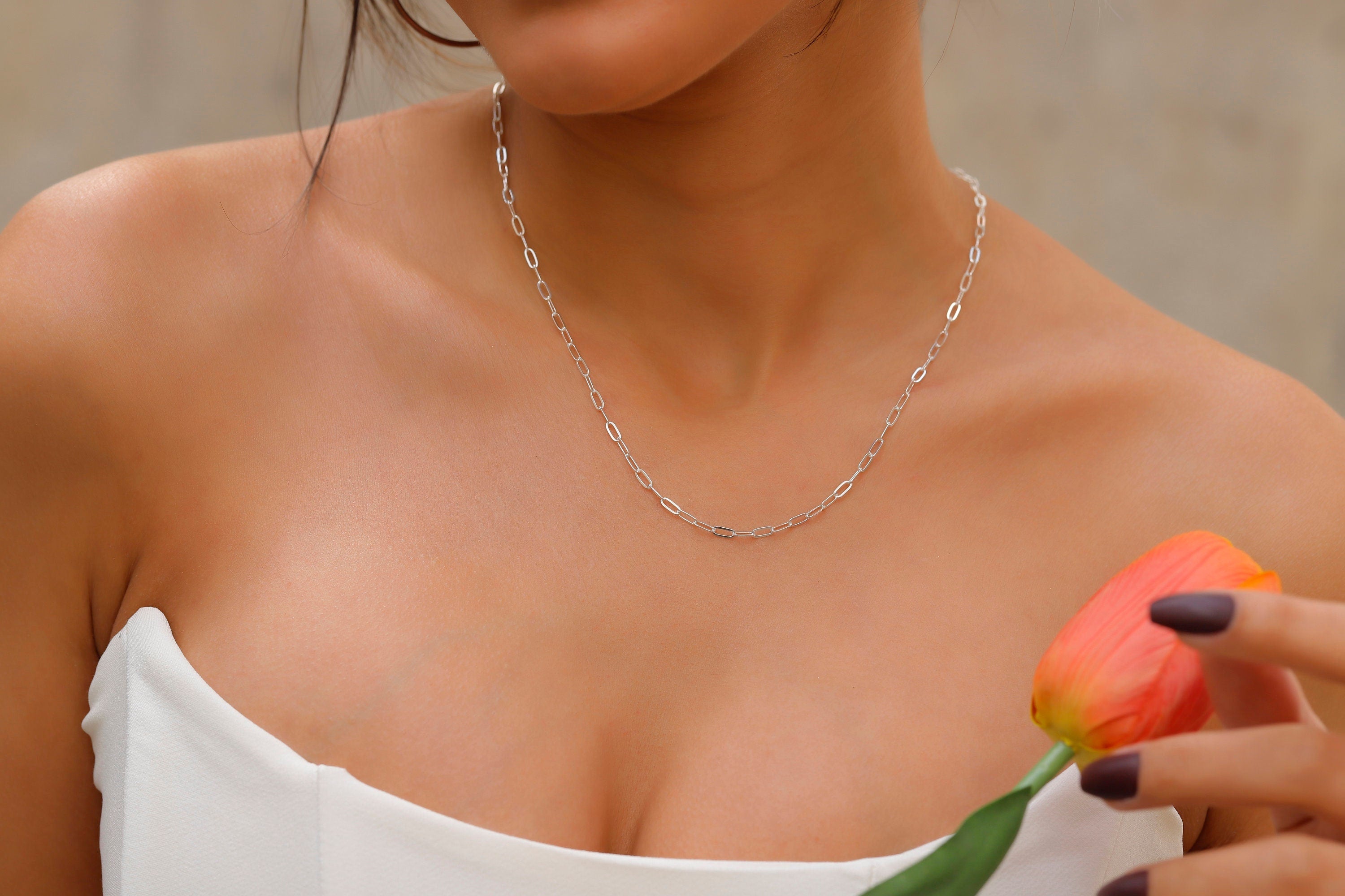 Delicate Gold Choker Necklace, 925 Sterling Silver Link Chain
