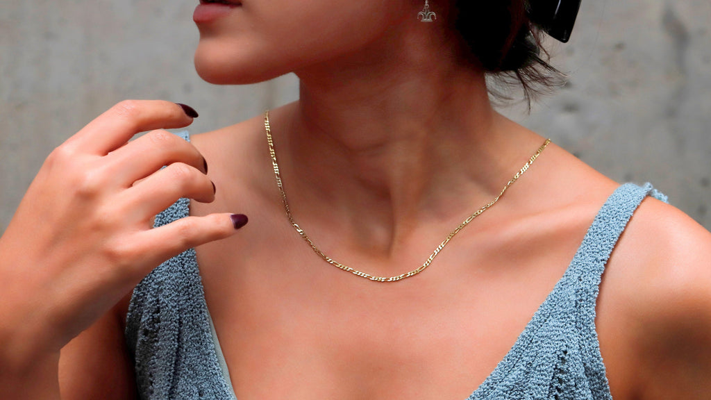 Figaro Chain Necklace, 925 Sterling Silver, 14K Gold Finish