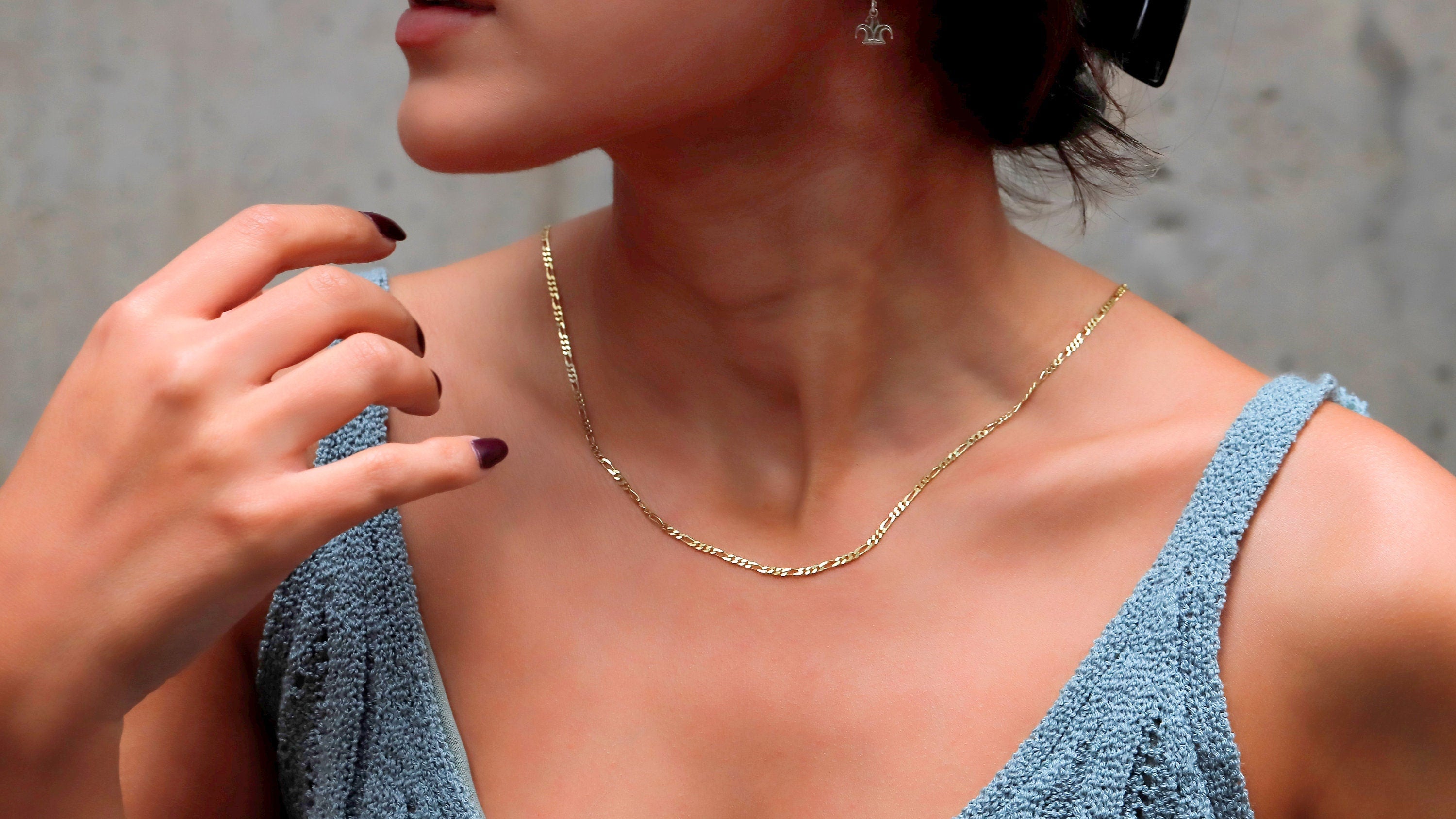 Figaro Chain Necklace, 925 Sterling Silver, 14K Gold Finish