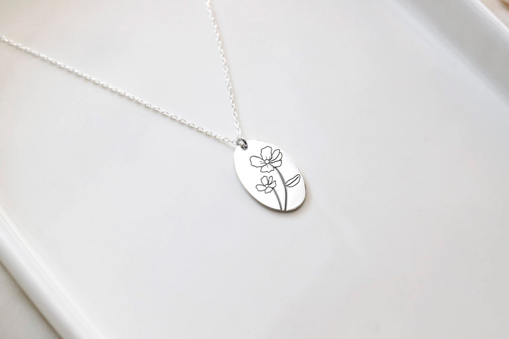 Birth Flower Necklace, Sterling Silver Handwritten Engraving