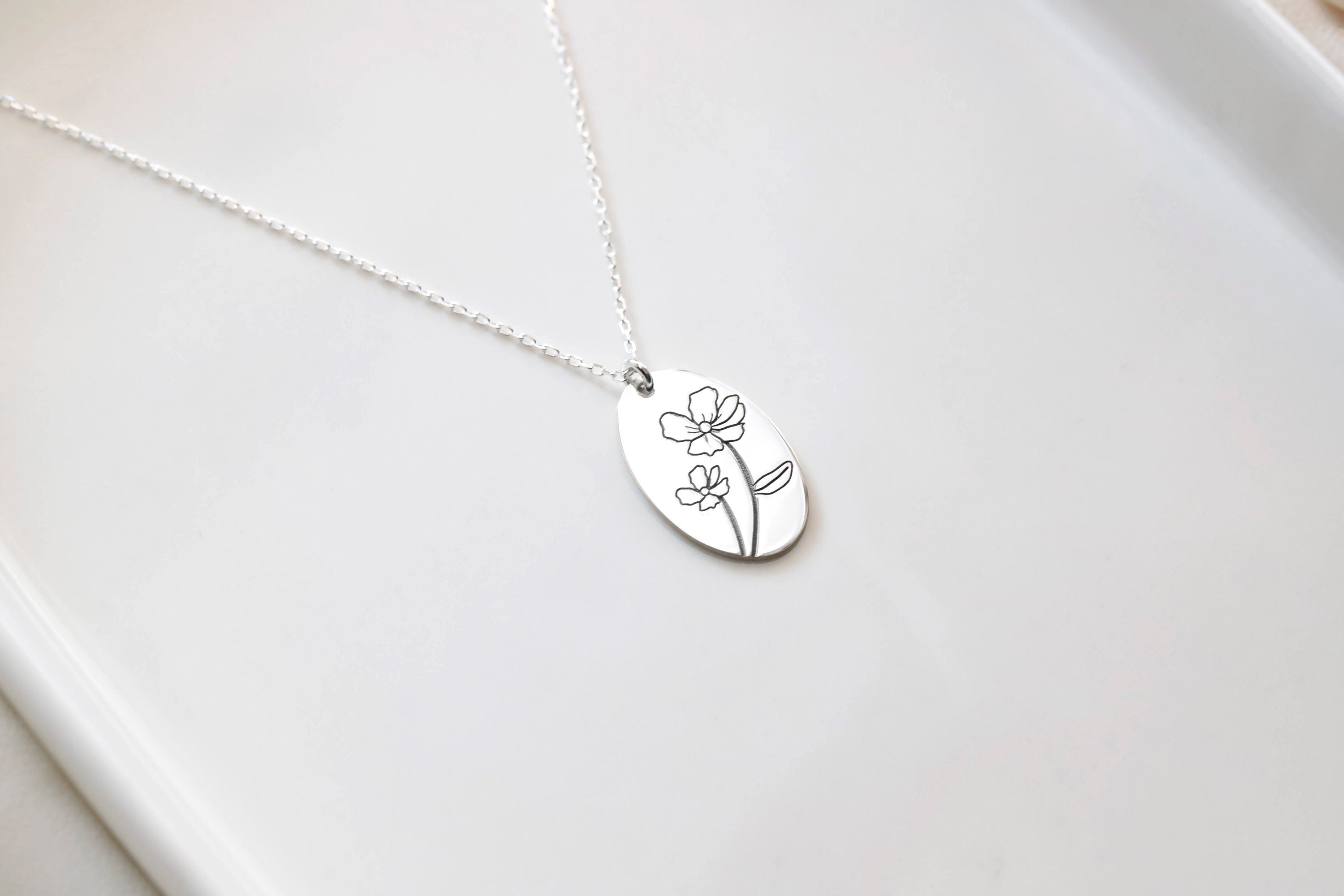 Birth Flower Necklace, Sterling Silver Handwritten Engraving