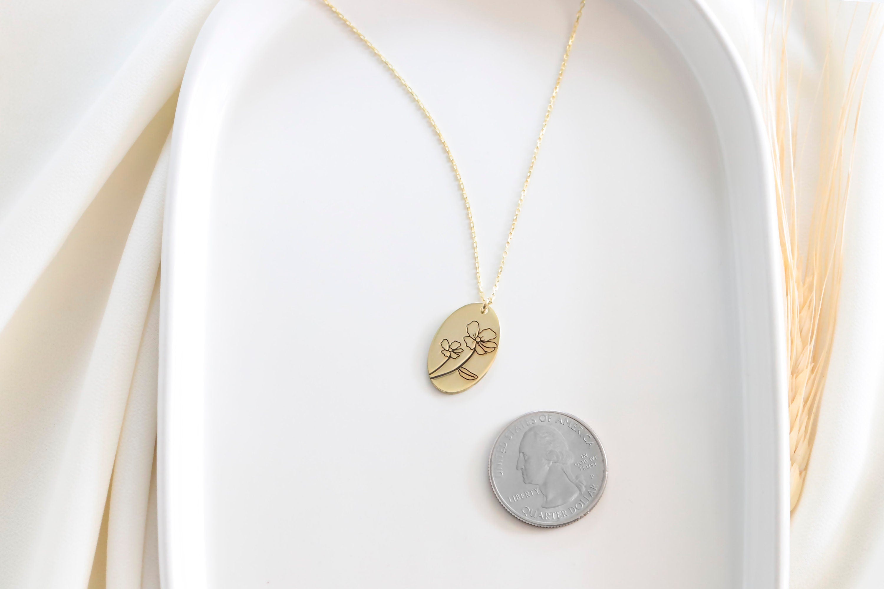 Birth Flower Necklace, Sterling Silver Handwritten Engraving