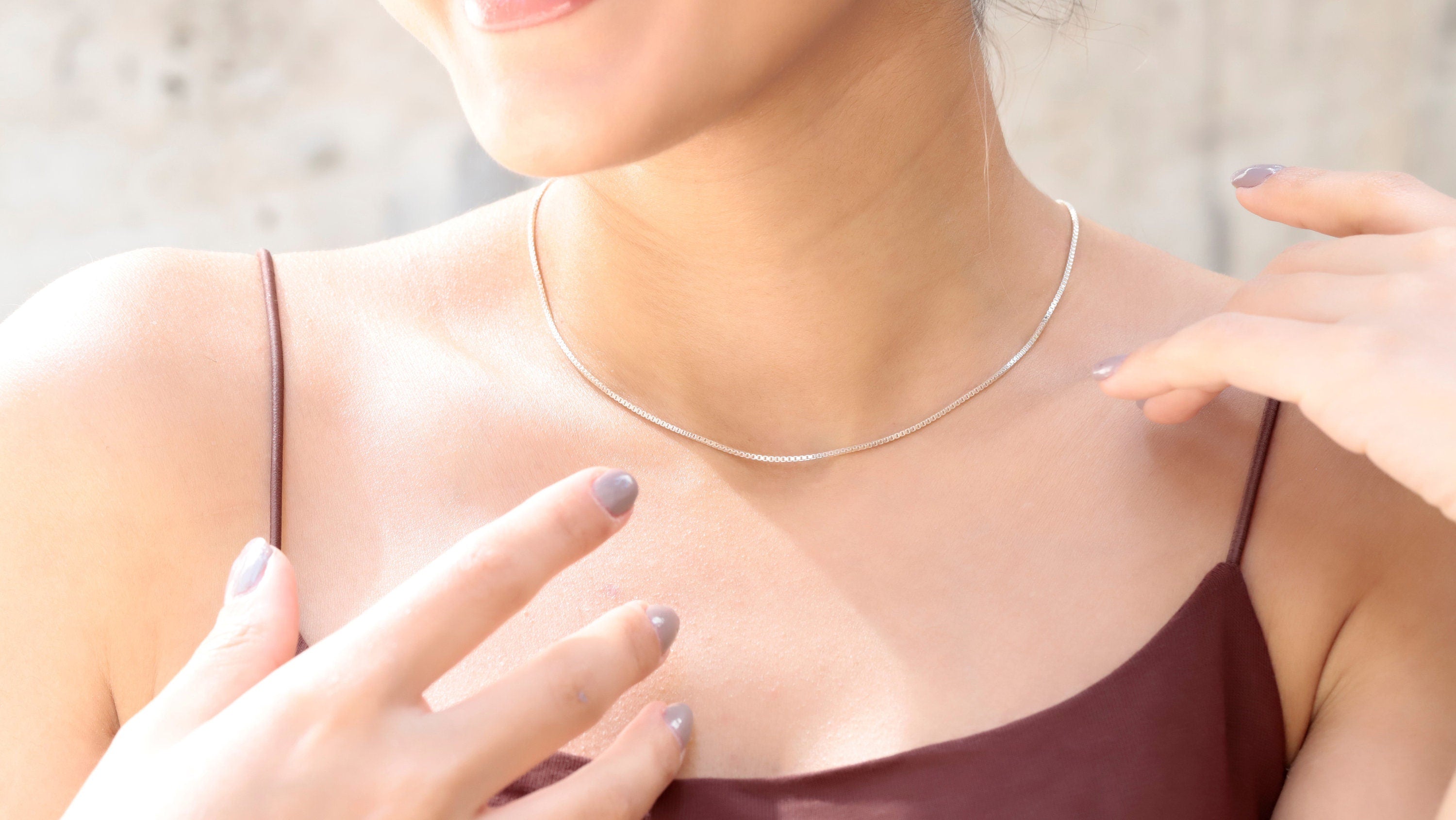 1mm Box Chain Necklace, 925 Sterling Silver Dainty Necklace