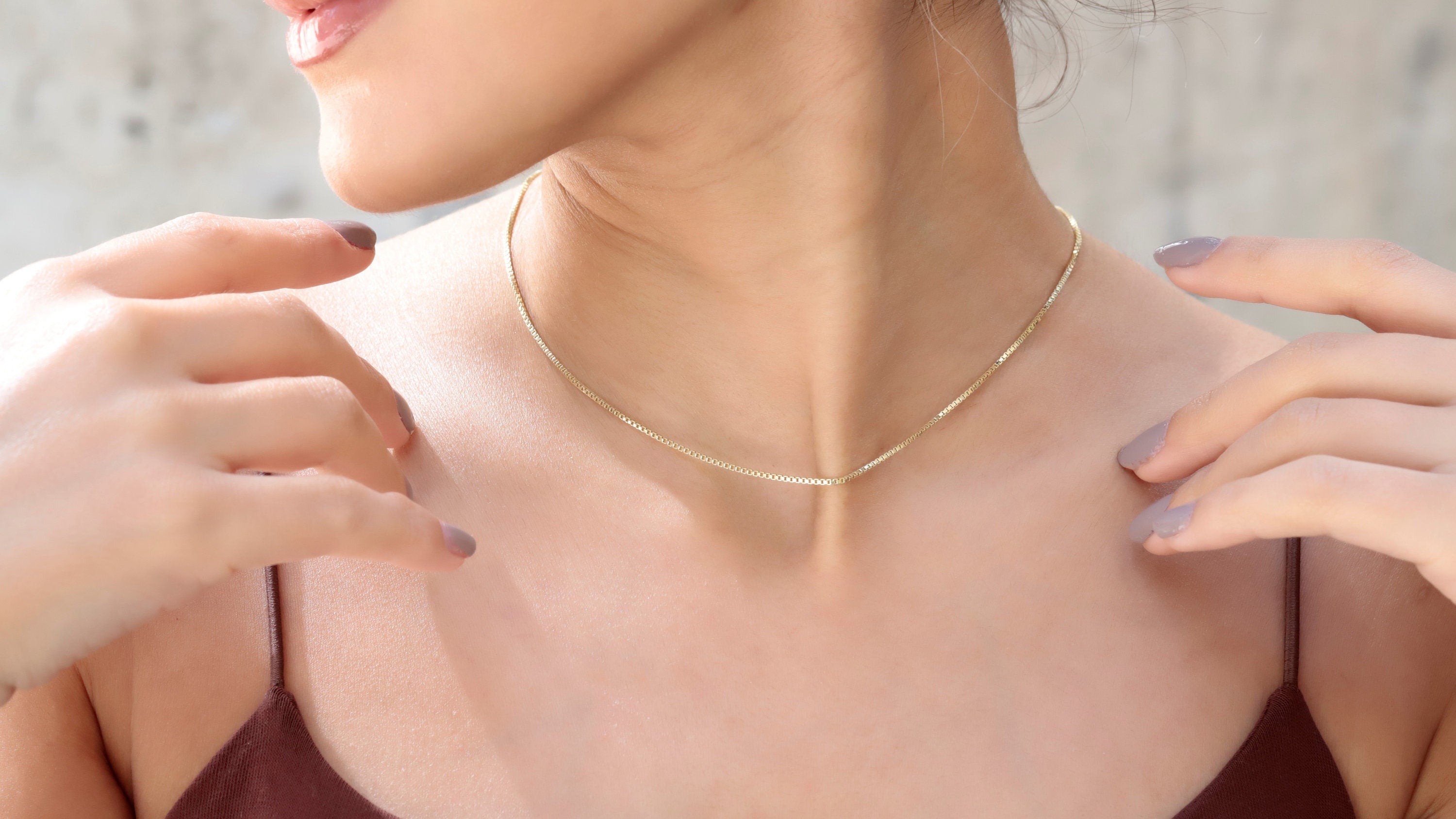1mm Box Chain Necklace, 925 Sterling Silver Dainty Necklace