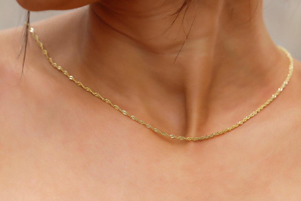 Dainty Gold Chain Necklace, Sterling Silver Singapore Twist Chain