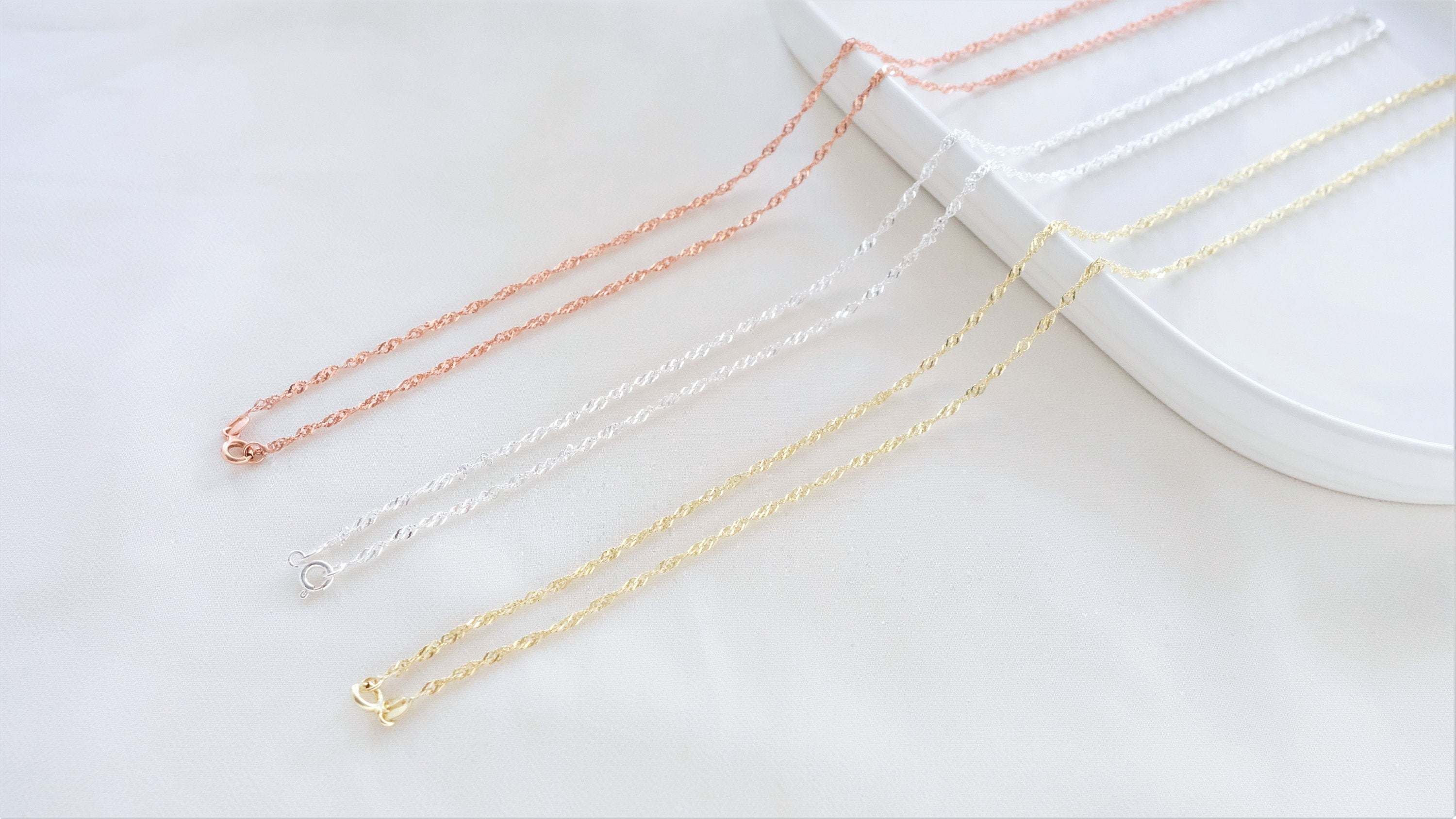 Dainty Gold Chain Necklace, Sterling Silver Singapore Twist Chain
