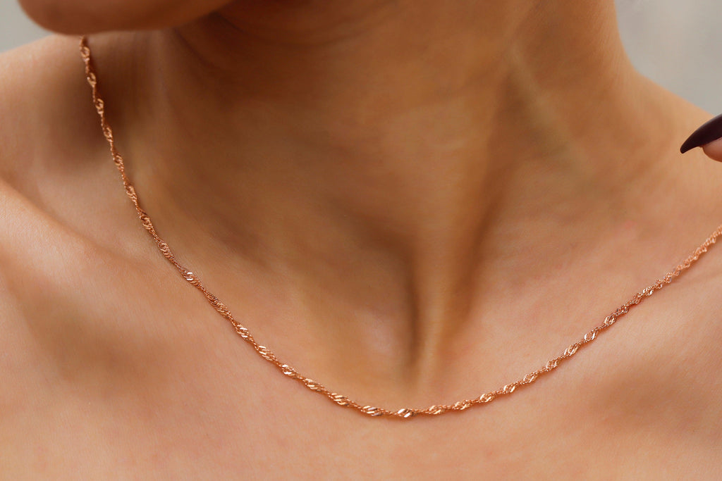 Dainty Gold Chain Necklace, Sterling Silver Singapore Twist Chain