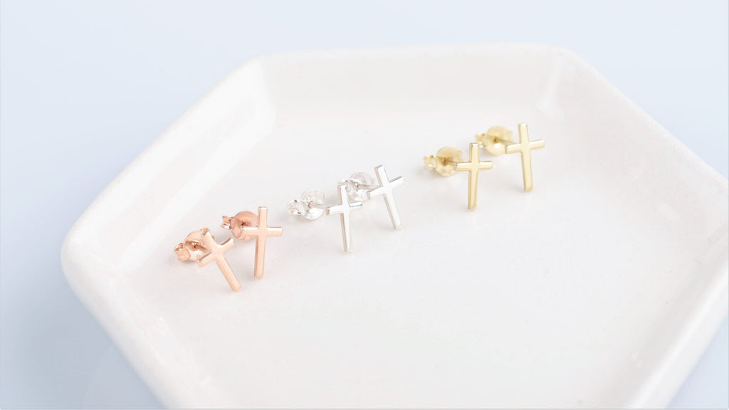 Sterling Silver Cross Earrings, 925 Sterling Silver Stud Earrings
