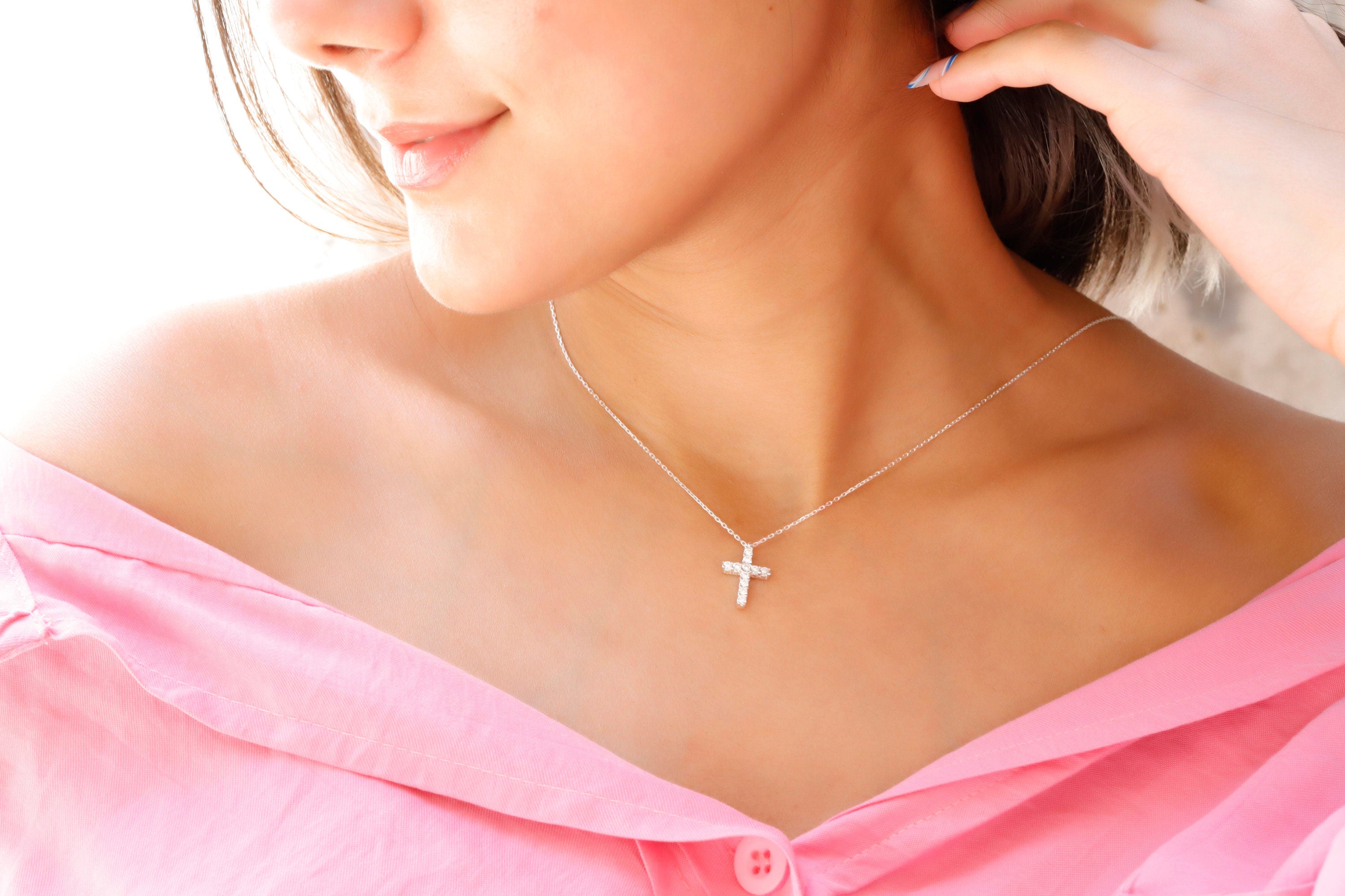 Sterling Silver Cross Necklace, CZ Pendant, 925 Sterling Silver