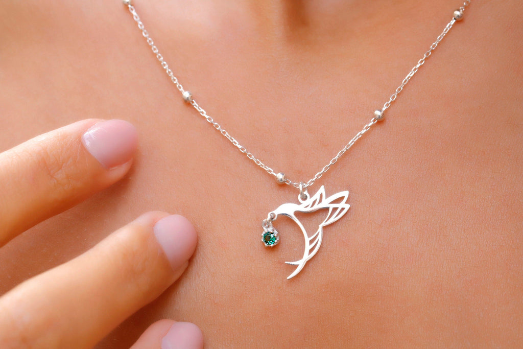 Hummingbird Birthstone Necklace, 925 Sterling Silver Bird Pendant