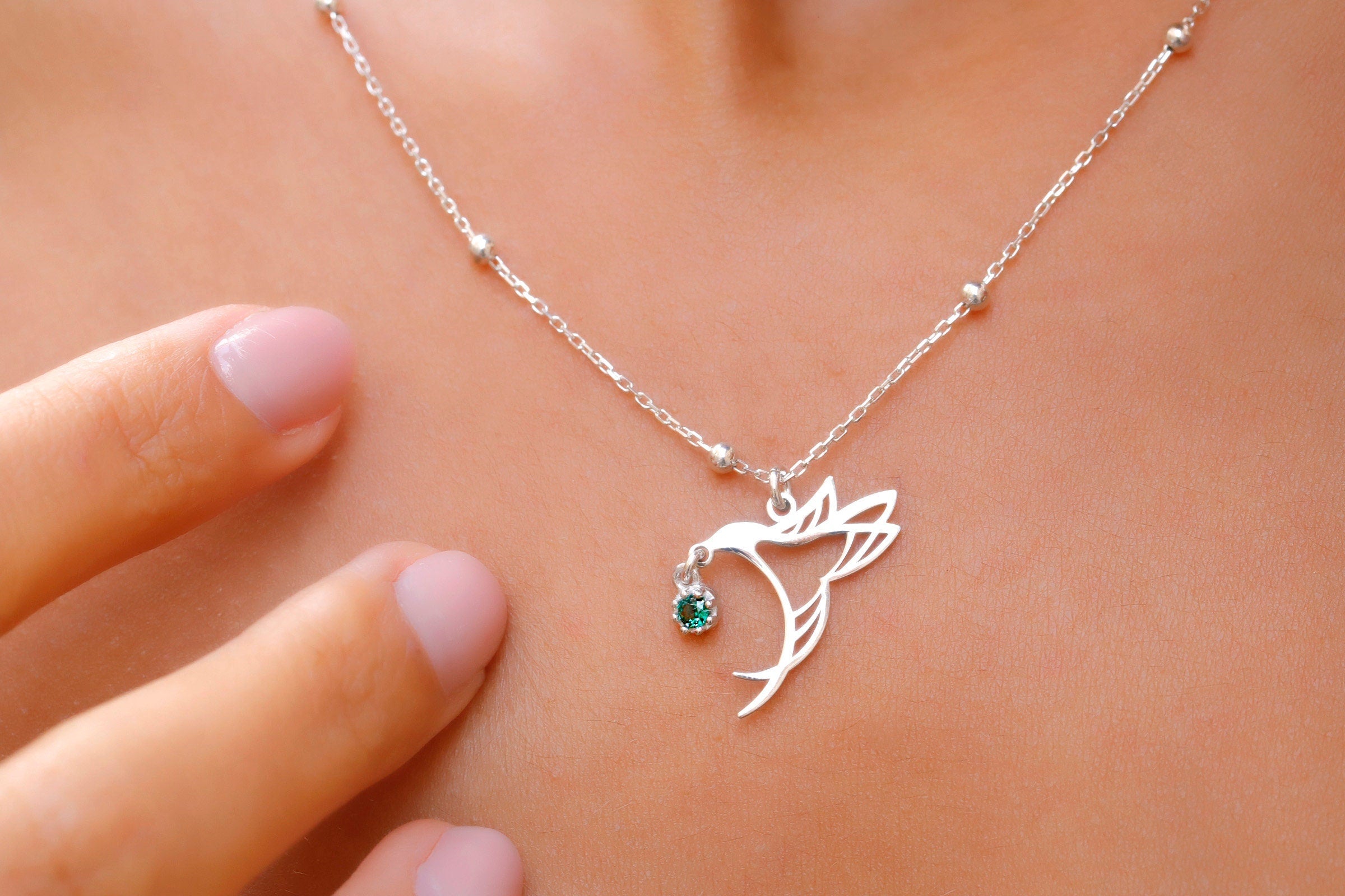 Hummingbird Birthstone Necklace, 925 Sterling Silver Bird Pendant