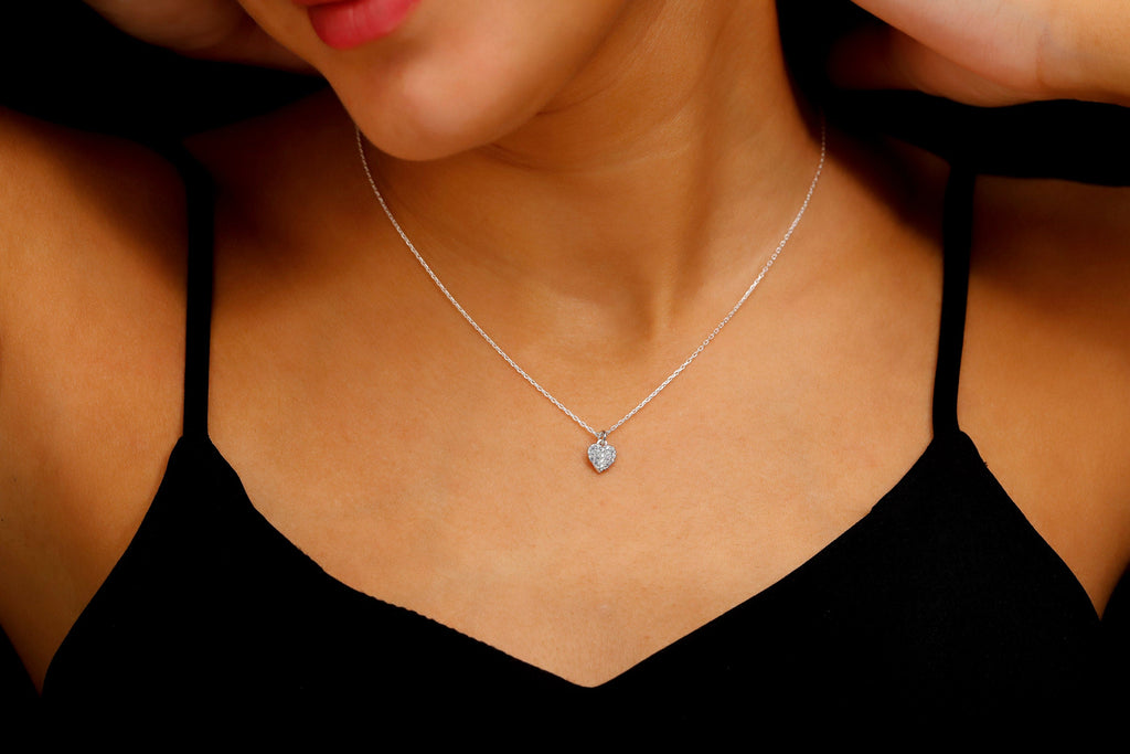 14k Gold Heart Necklace, Pave Diamond Heart Pendant